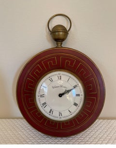 1950s French Tole Wall Clock by Warren Kessler, Red & Gold Greek Key