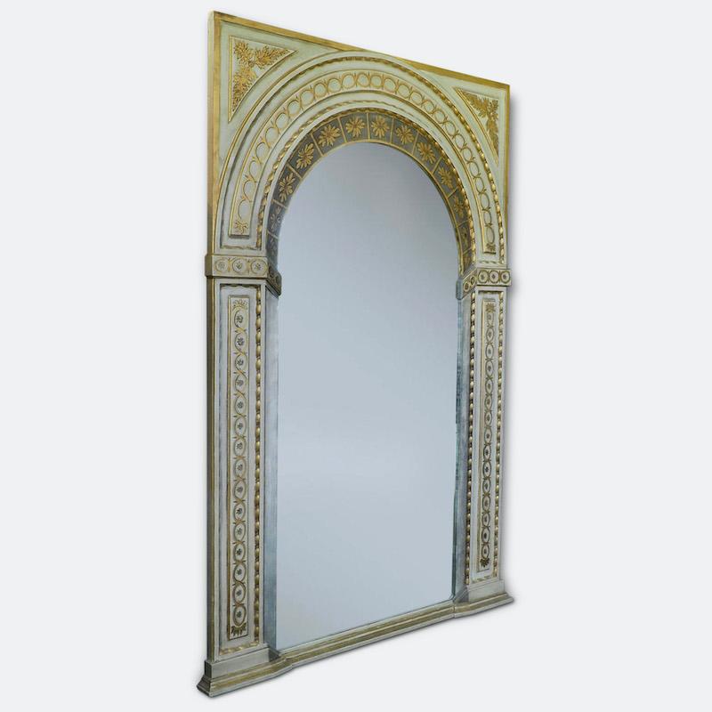 A stunning French 'trompe l'oeil' trumeau mirror. A work of superb craftsmanship from the early to middle of the 20th century, moulded construction of gesso on a timber frame, hand painted with finished gold detailing. 
The mirror has an