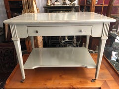 French Hand Painted Two Level Side Table Raised on Castors with Front Drawer