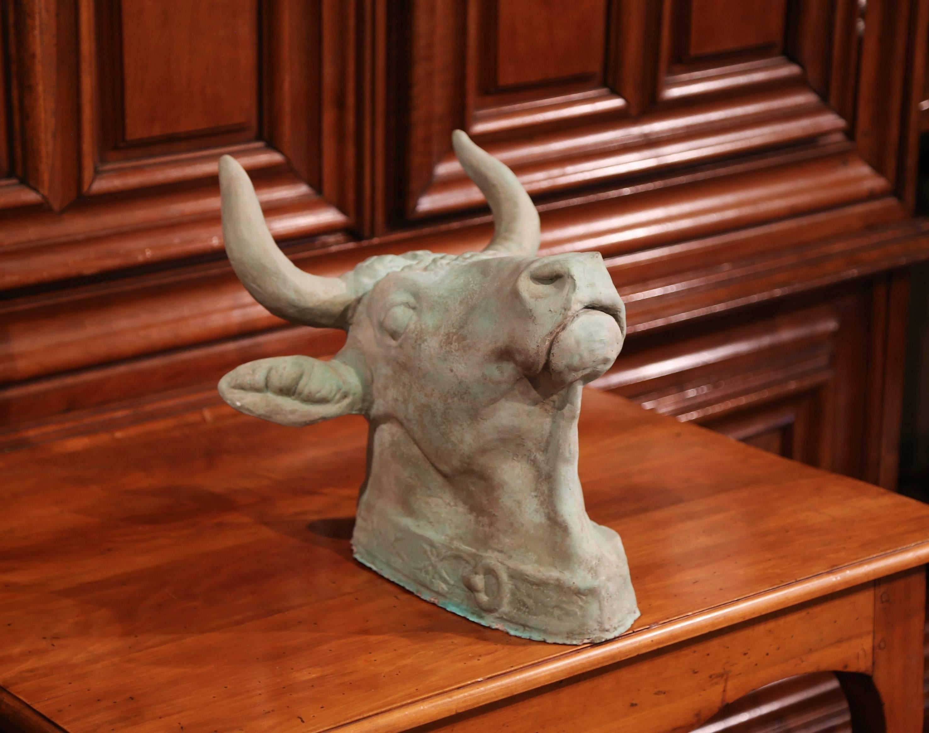Hand-Crafted French Hand-Painted Verdigris Terracotta Wall Hanging Cow Head with Collar