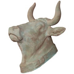 French Hand-Painted Verdigris Terracotta Wall Hanging Cow Head with Collar