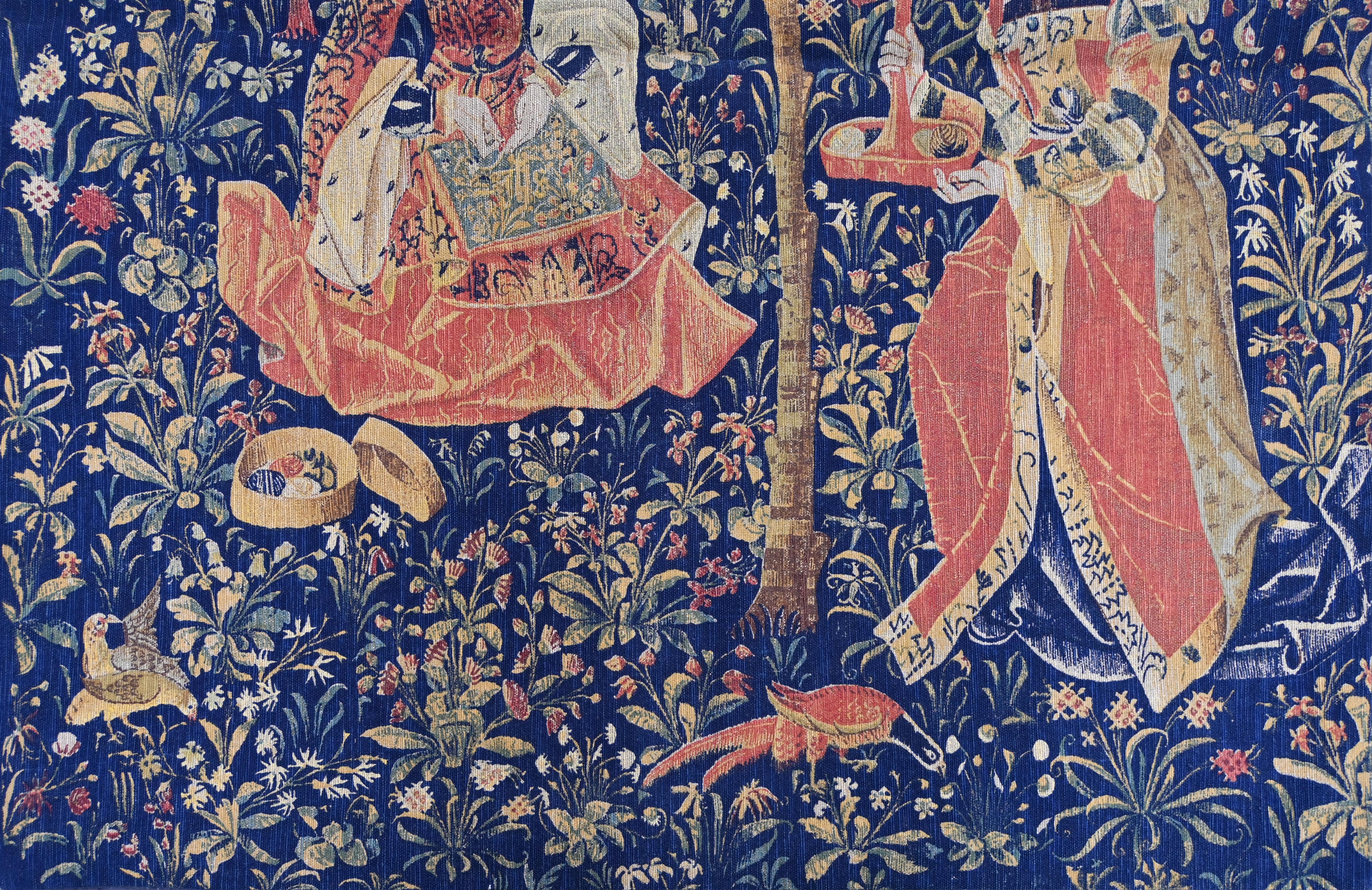 Französischer handbedruckter Wandteppich im mittelalterlichen Stil - H 114 x L 97 cm - N° 1438 (Wolle) im Angebot