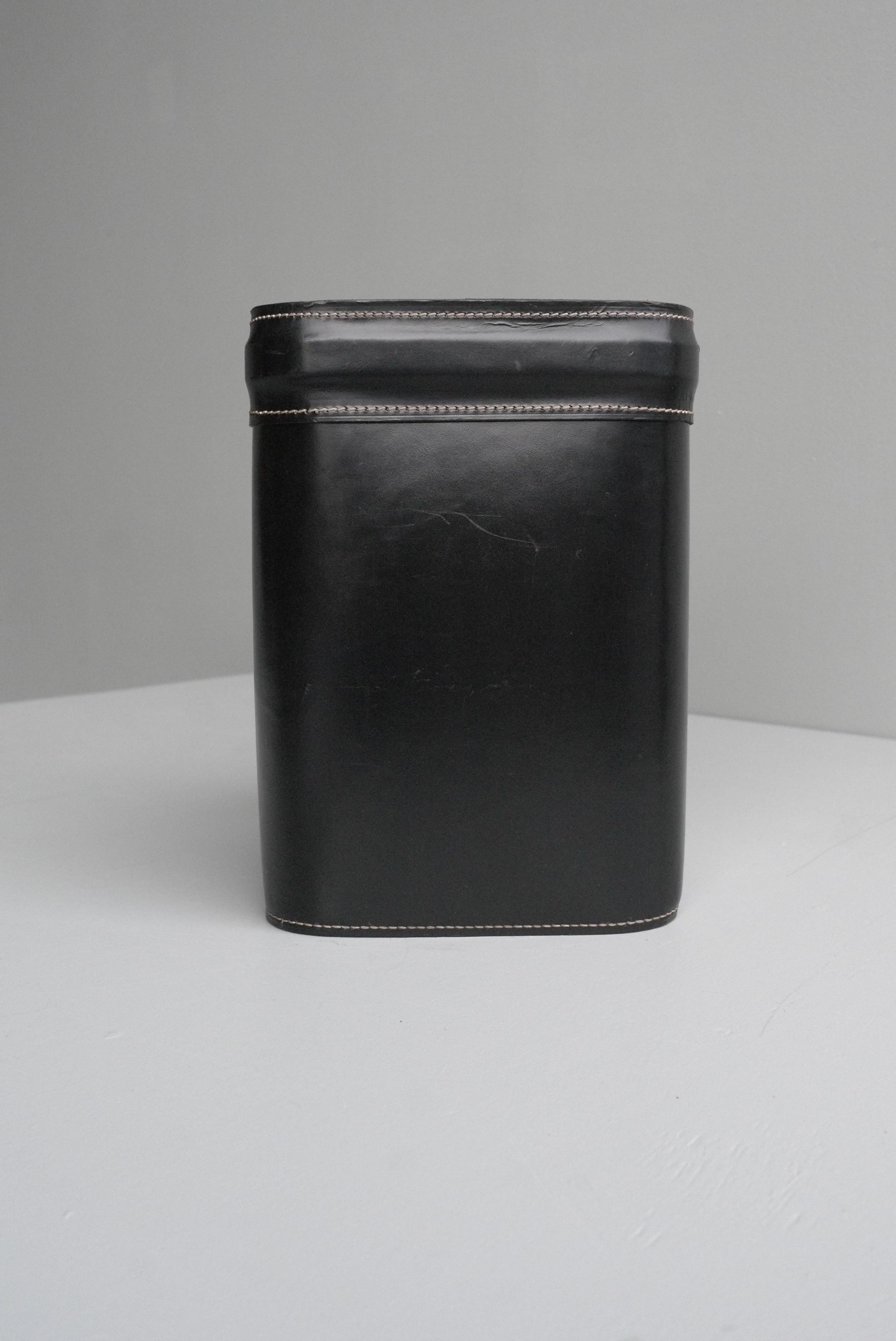 French hand stitched Black leather waste paper basket.
