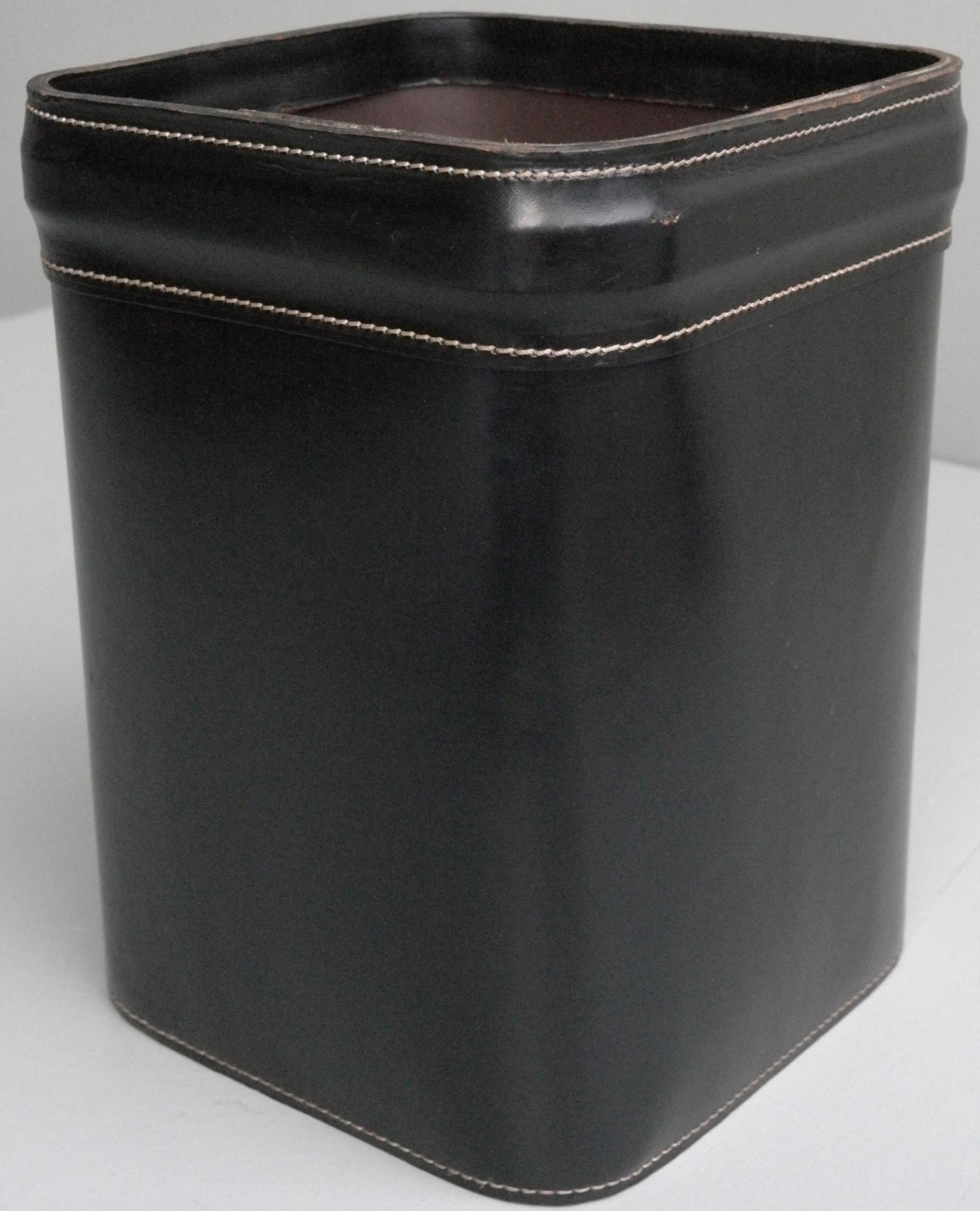 Mid-Century Modern French Hand Stitched Black Leather Waste Paper Basket
