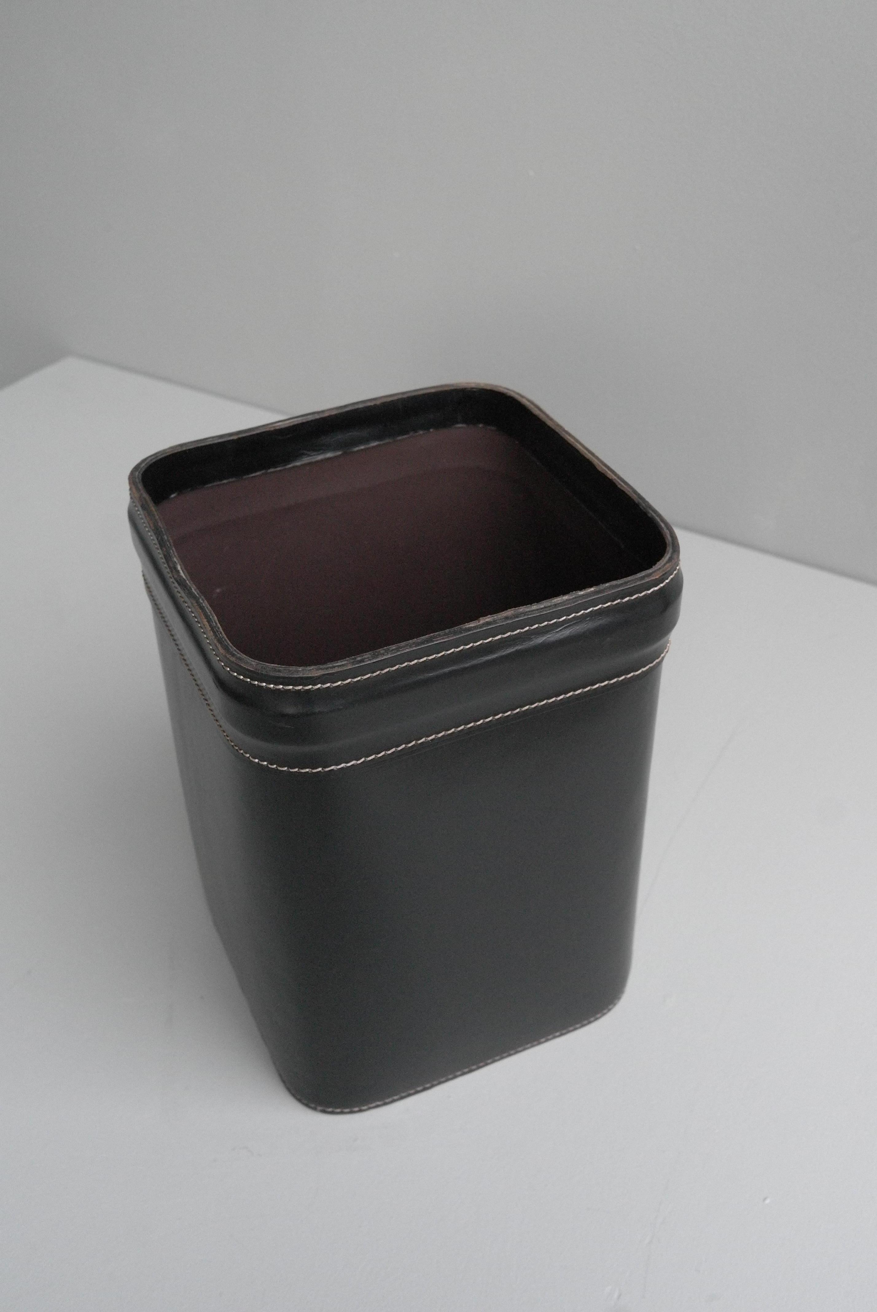 French Hand Stitched Black Leather Waste Paper Basket In Good Condition In Den Haag, NL