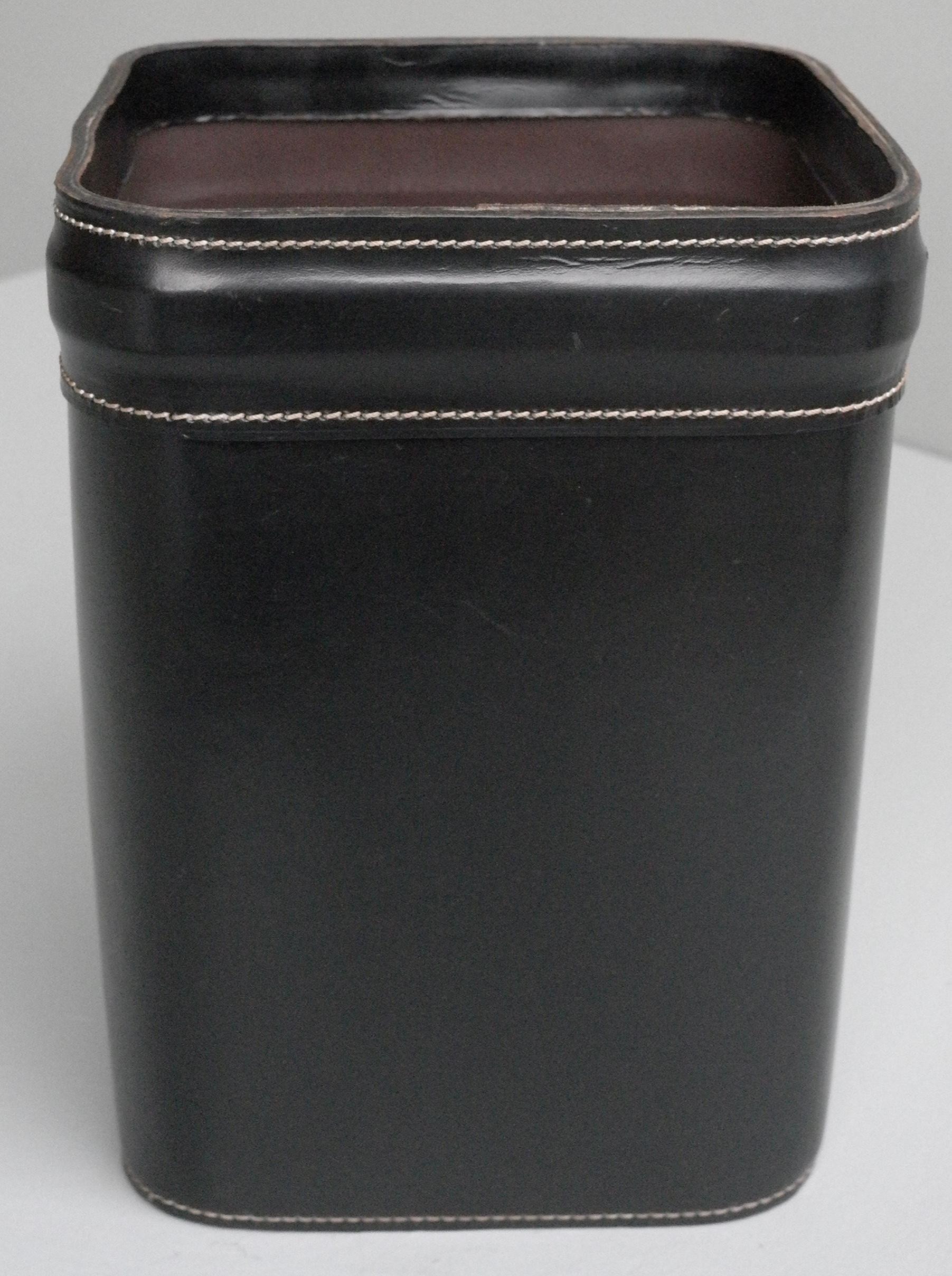 Mid-20th Century French Hand Stitched Black Leather Waste Paper Basket