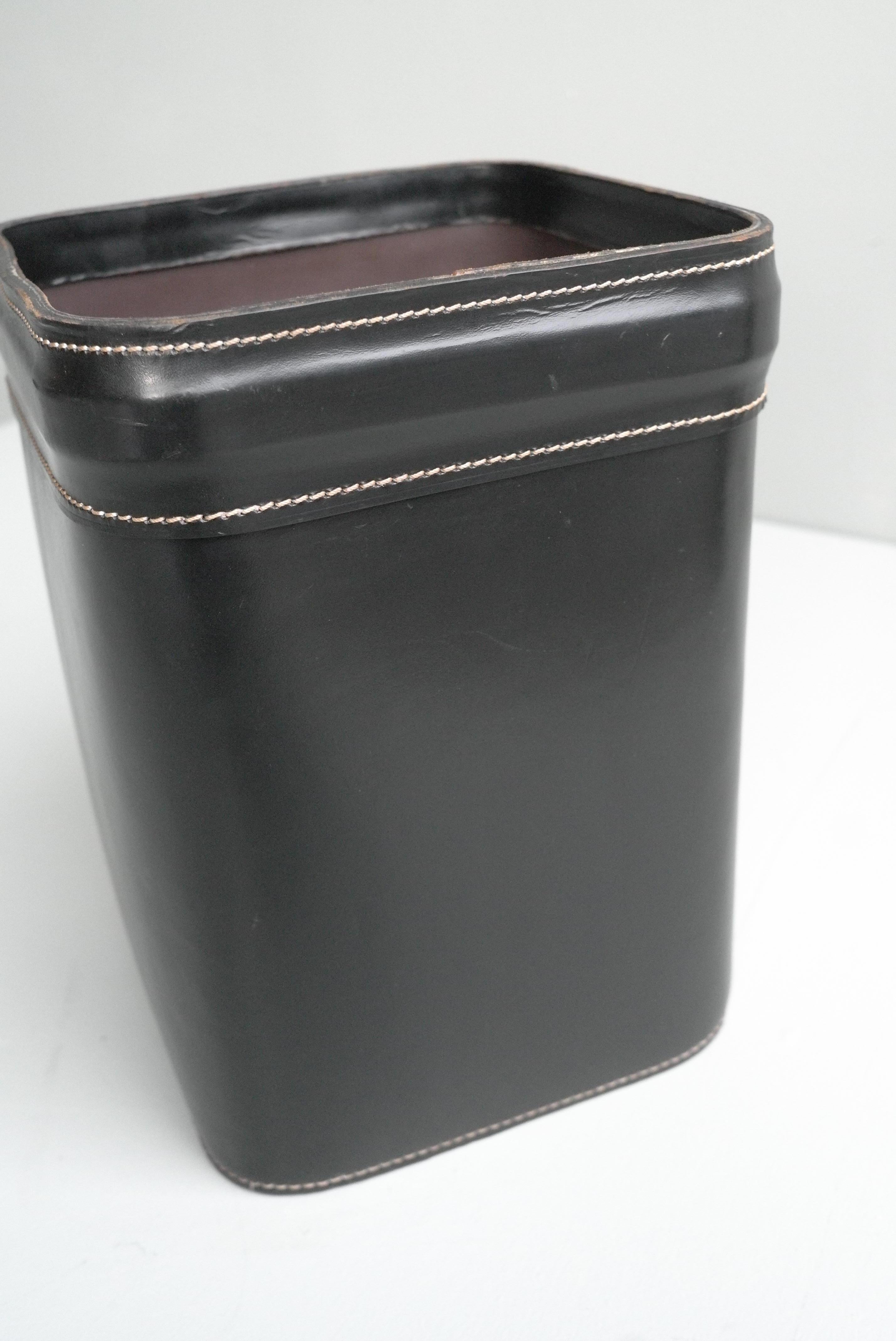 French Hand Stitched Black Leather Waste Paper Basket 1