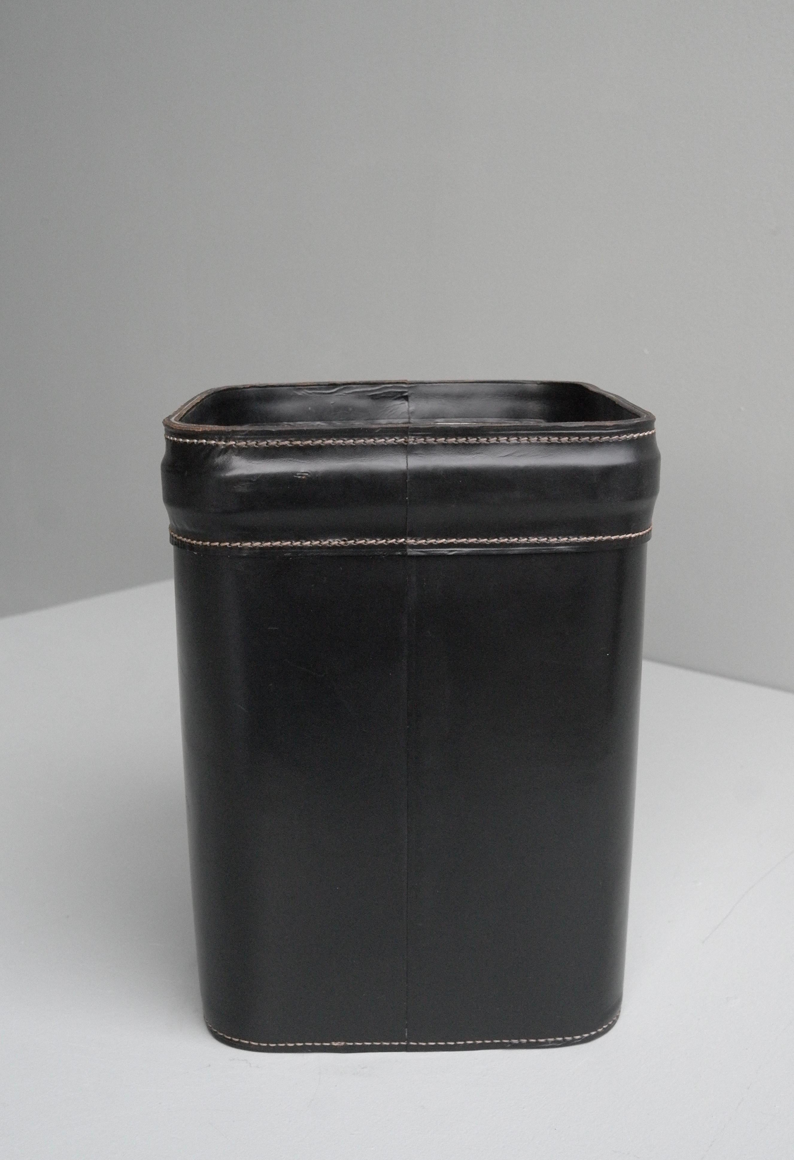 French Hand Stitched Black Leather Waste Paper Basket 3