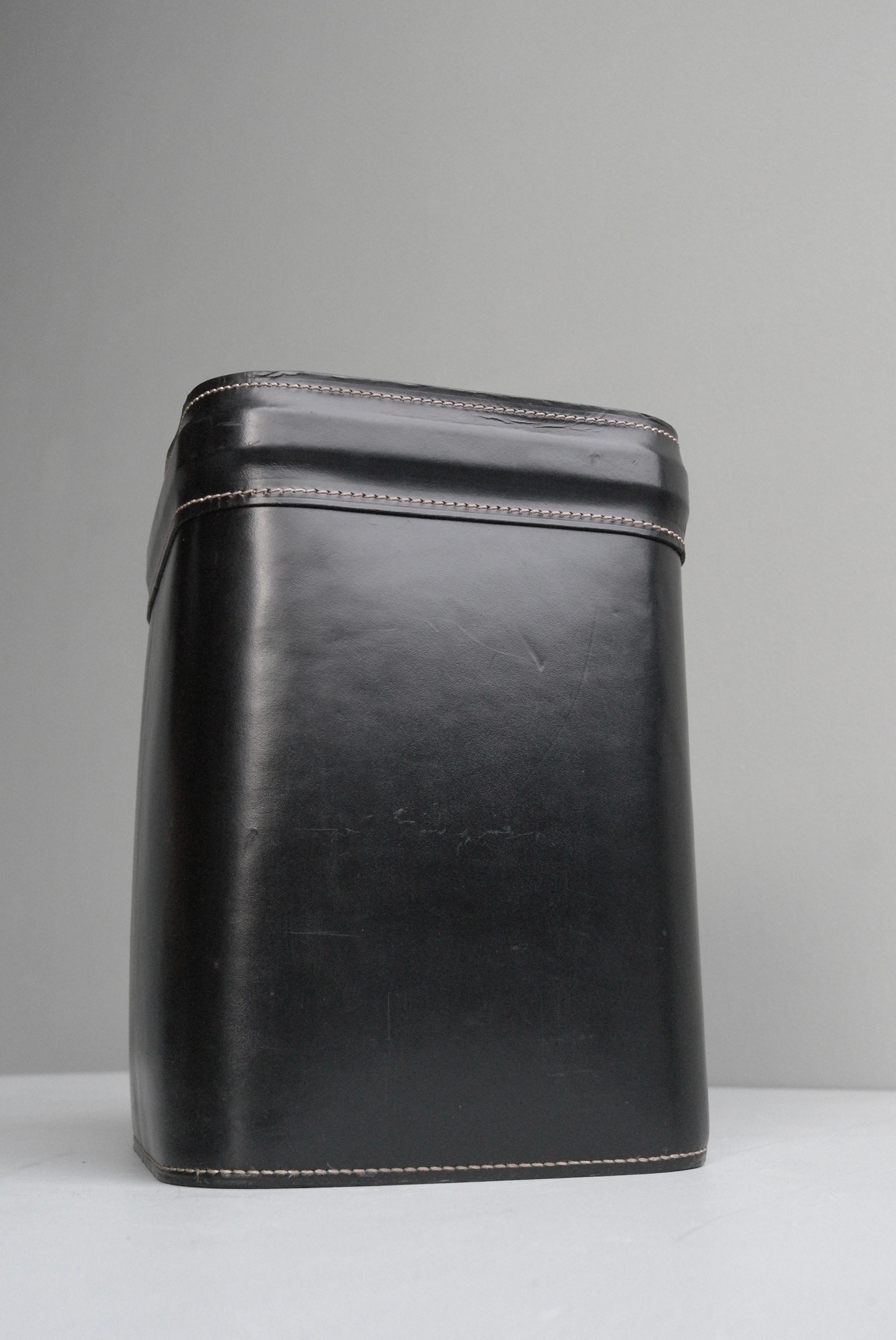 French Hand Stitched Black Leather Waste Paper Basket 4