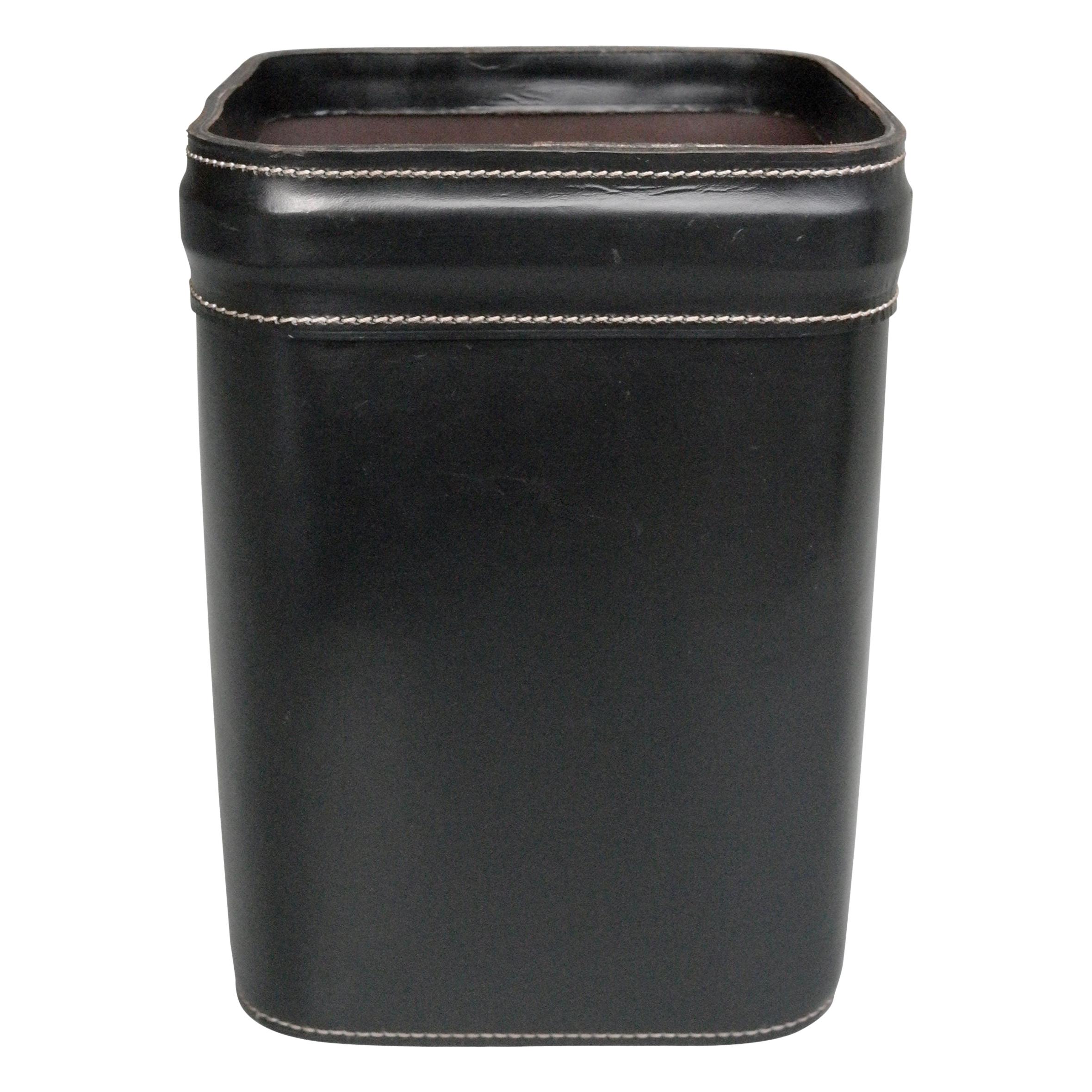 French Hand Stitched Black Leather Waste Paper Basket