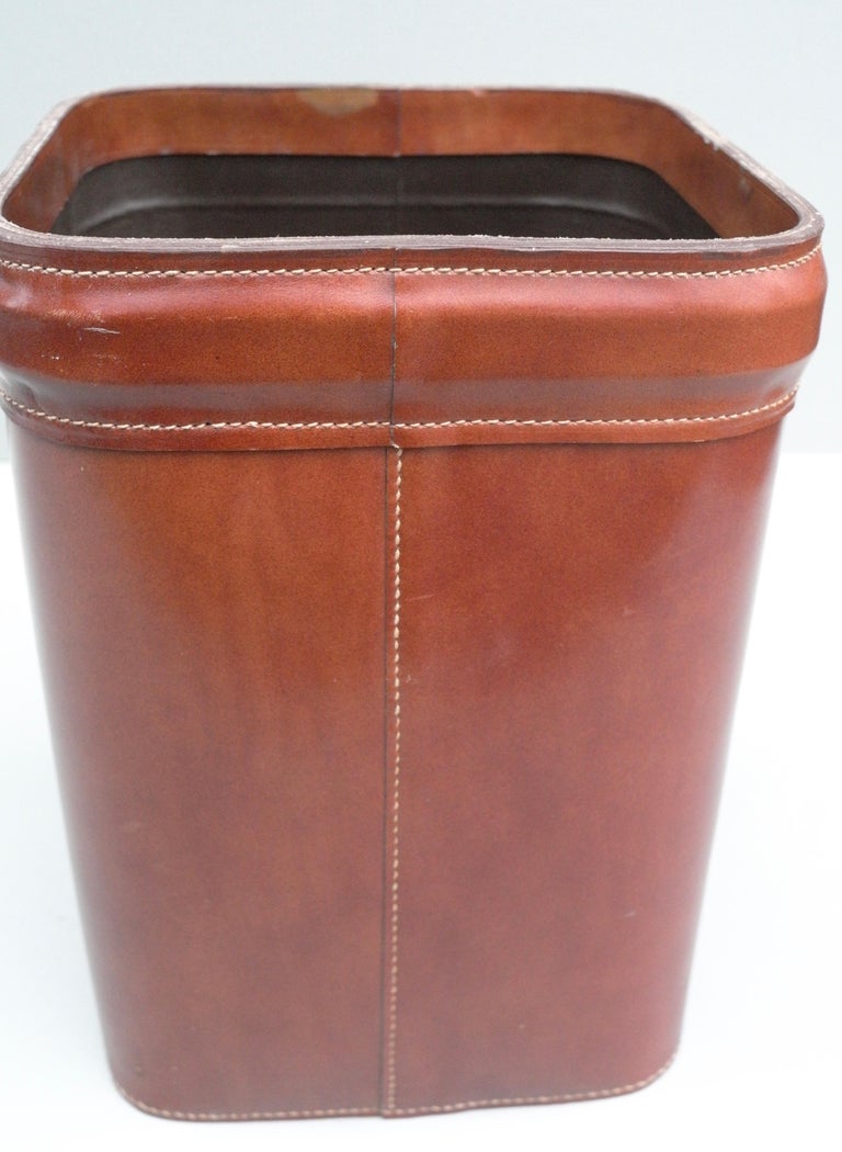 French Hand Stitched Cognac Leather Waste Paper Basket at 1stDibs