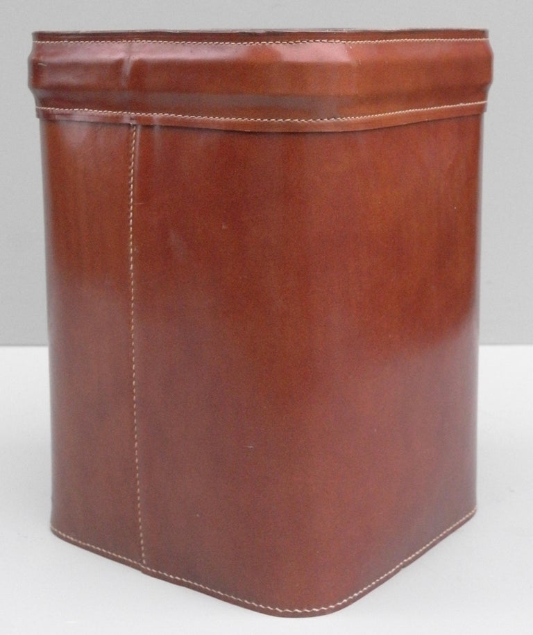 French Hand Stitched Cognac Leather Waste Paper Basket at 1stdibs