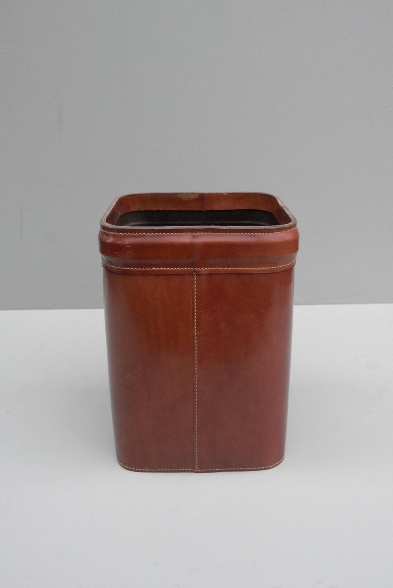 French Hand Stitched Cognac Leather Waste Paper Basket at 1stdibs