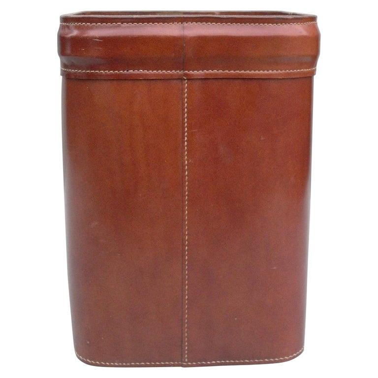 French Hand Stitched Cognac Leather Waste Paper Basket at 1stDibs