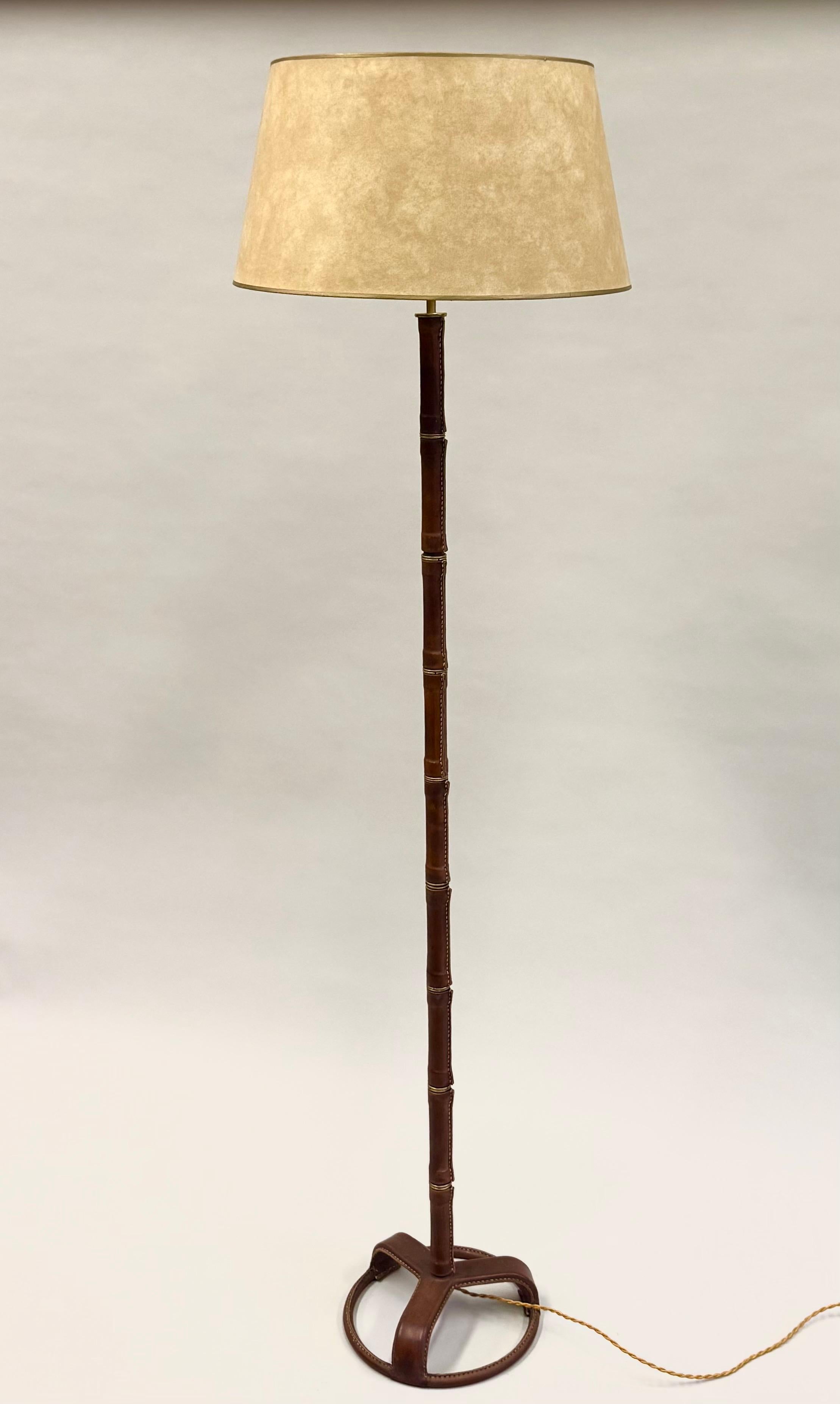 Mid-Century Modern French Hand-Stitched, Faux Bamboo, Brown Leather Floor Lamp by Jacques Adnet For Sale
