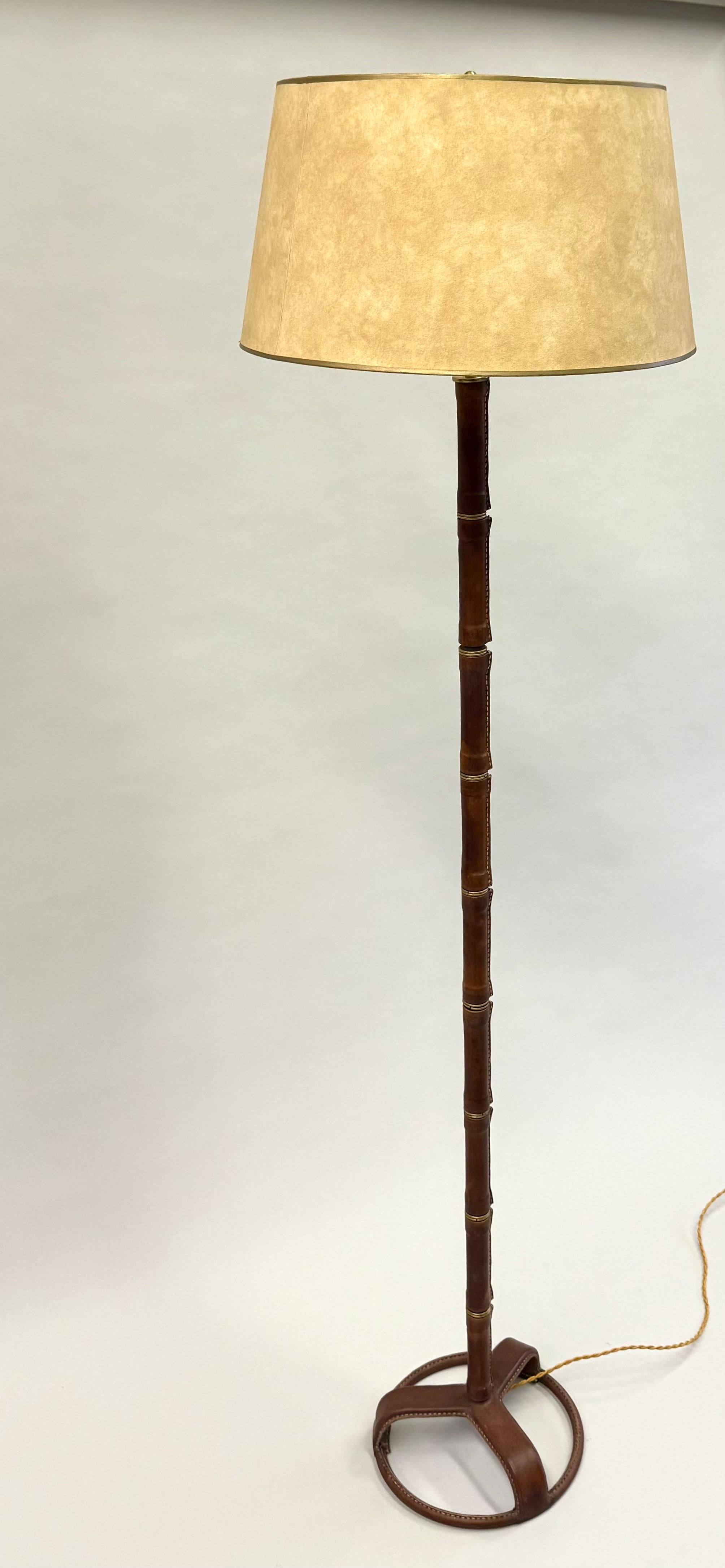 Hand-Crafted French Hand-Stitched, Faux Bamboo, Brown Leather Floor Lamp by Jacques Adnet For Sale