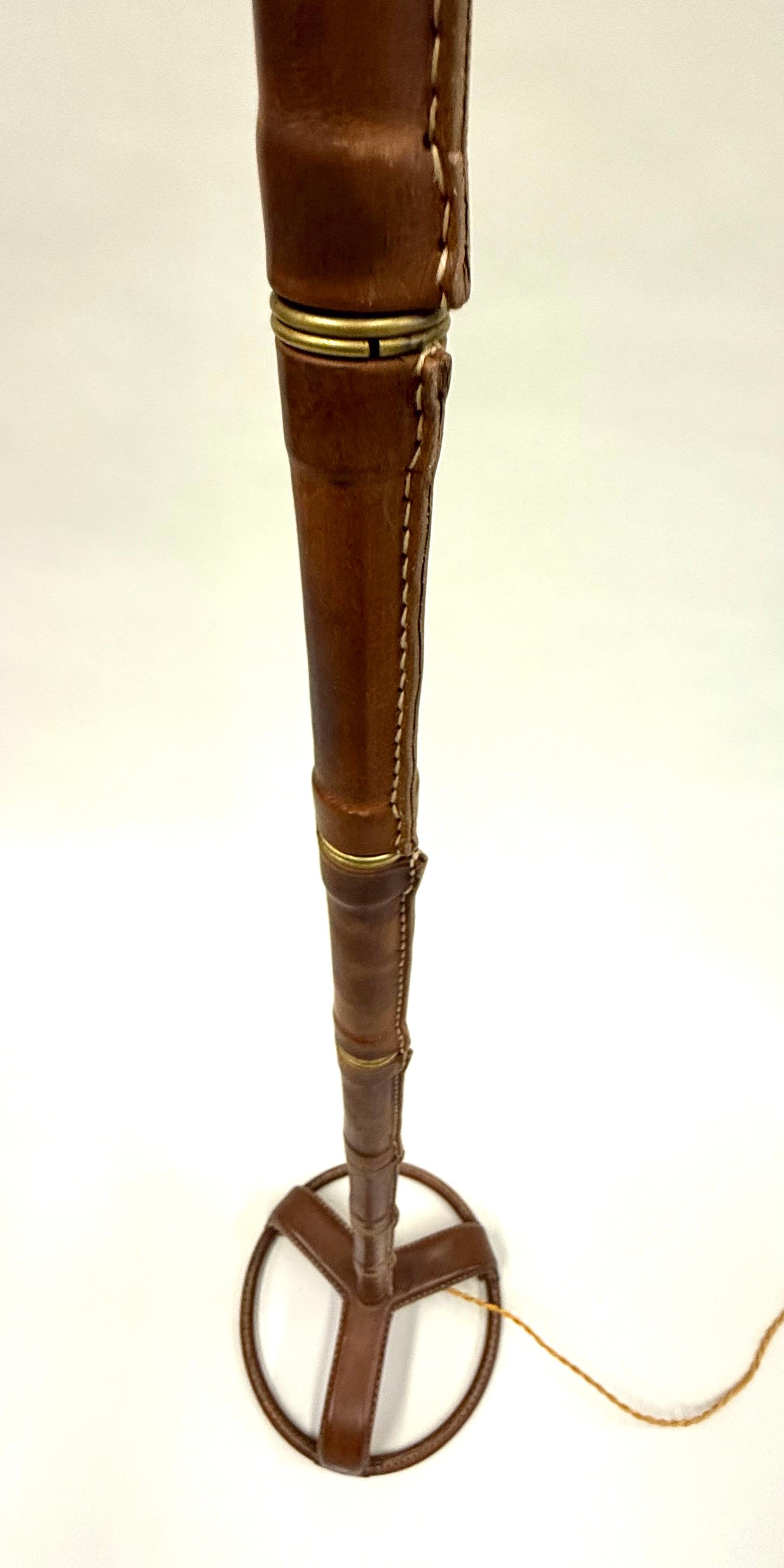 20th Century French Hand-Stitched, Faux Bamboo, Brown Leather Floor Lamp by Jacques Adnet For Sale