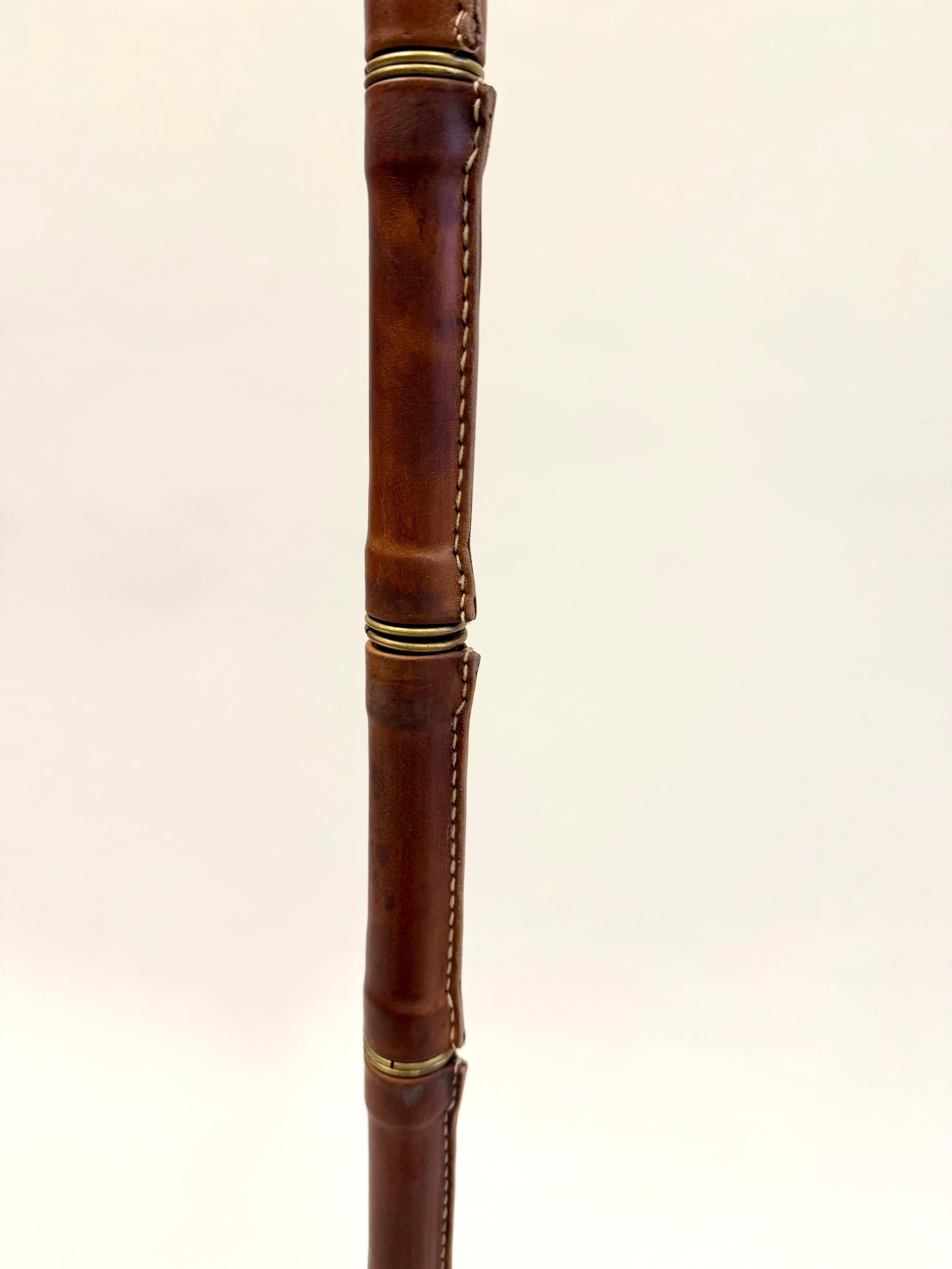 Brass French Hand-Stitched, Faux Bamboo, Brown Leather Floor Lamp by Jacques Adnet For Sale