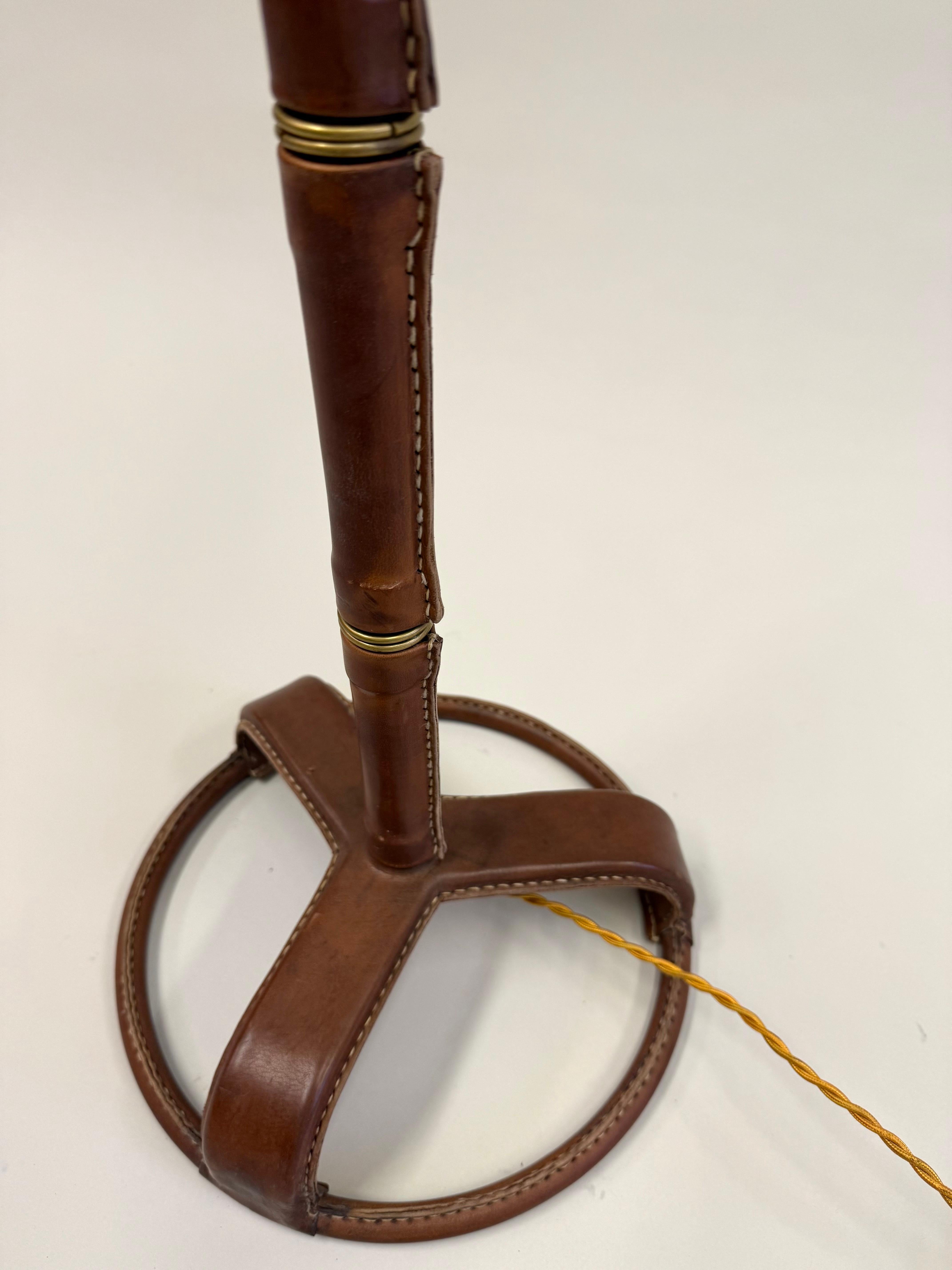 French Hand-Stitched, Faux Bamboo, Brown Leather Floor Lamp by Jacques Adnet For Sale 1