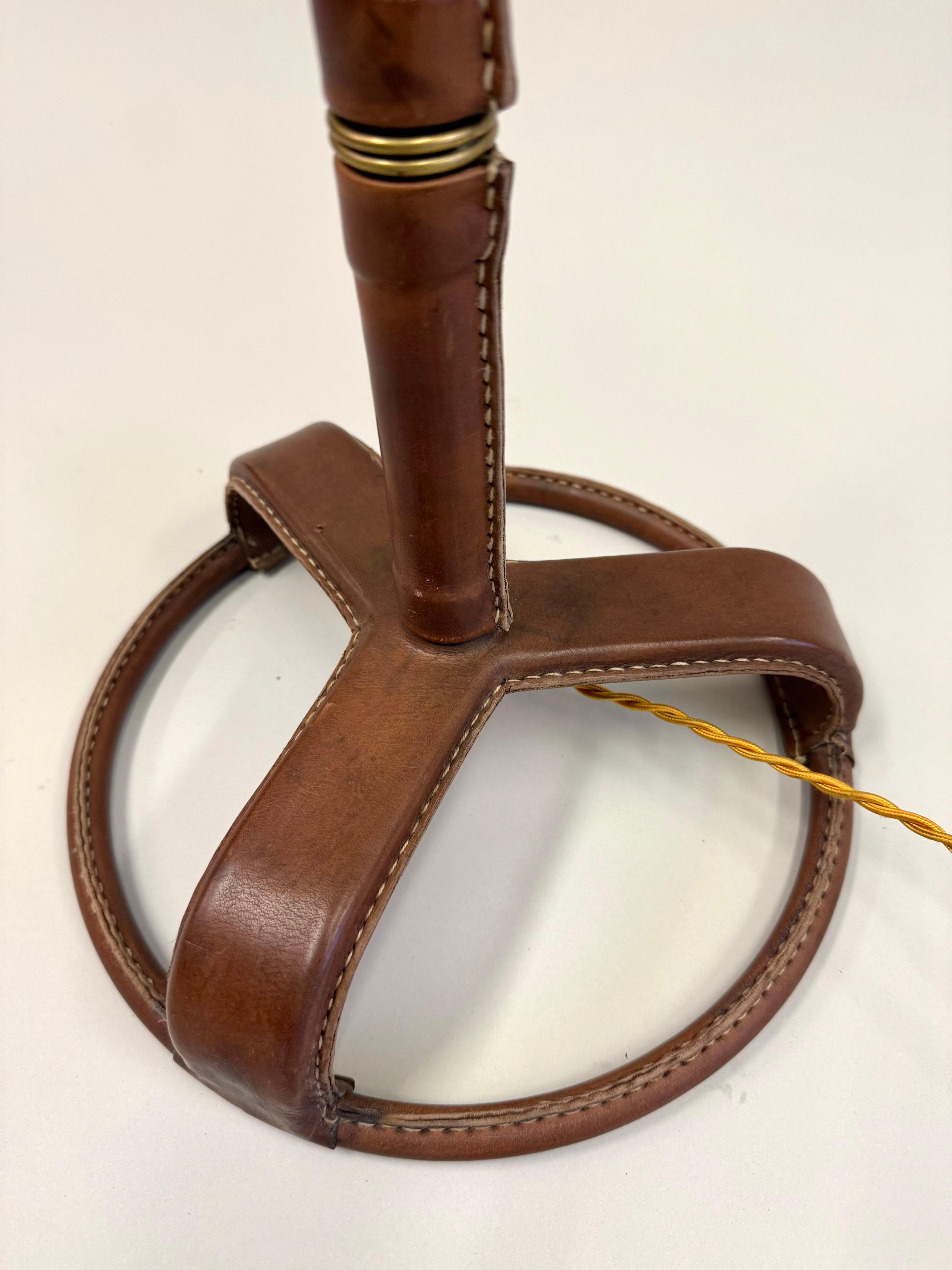 French Hand-Stitched, Faux Bamboo, Brown Leather Floor Lamp by Jacques Adnet For Sale 2