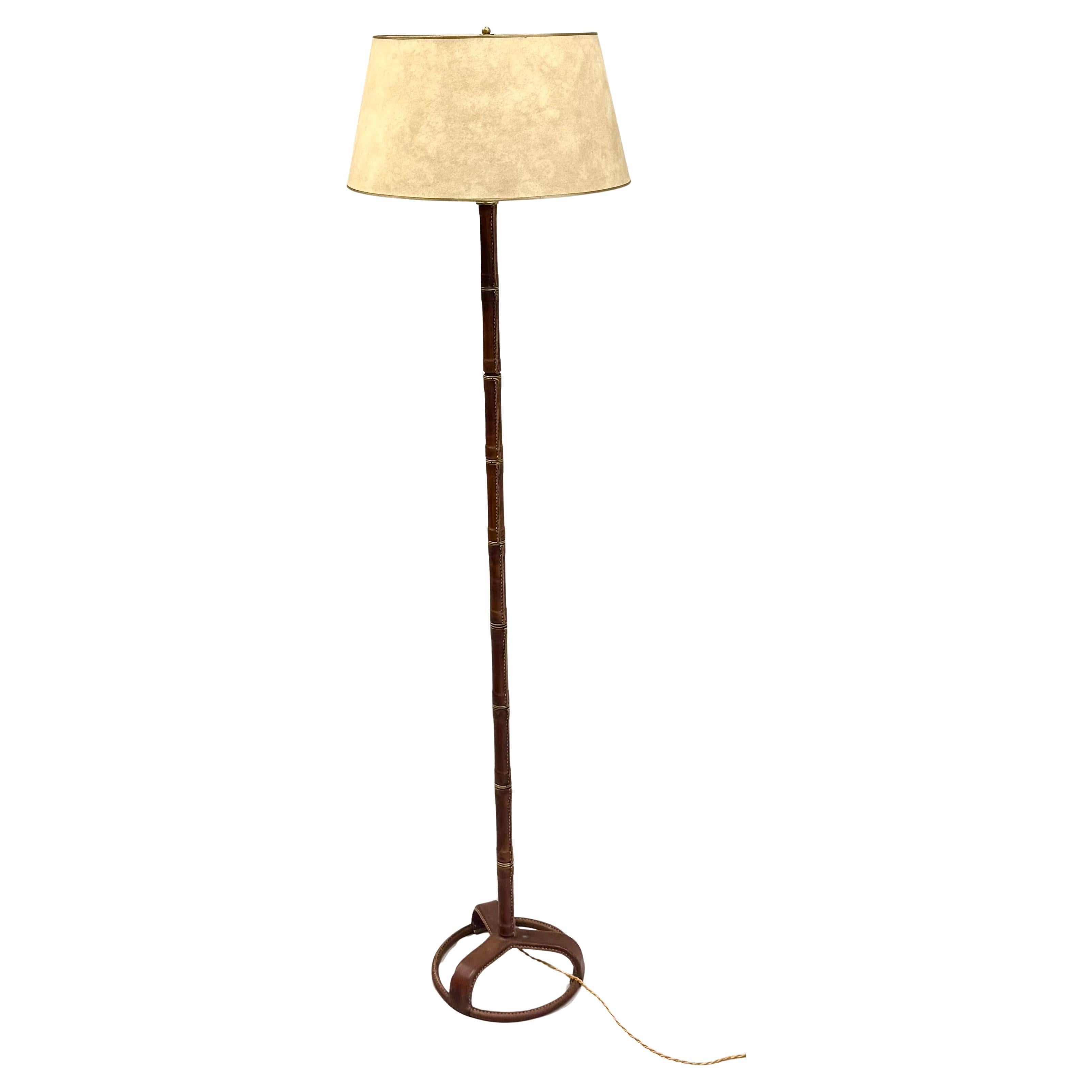 French Hand-Stitched, Faux Bamboo, Brown Leather Floor Lamp by Jacques Adnet