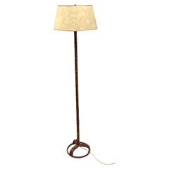 French Hand-Stitched, Faux Bamboo, Brown Leather Floor Lamp by Jacques Adnet