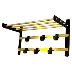French Hand Stitched Leather & Brass Coat and Hat Rack, Jacques Adnet, 1955