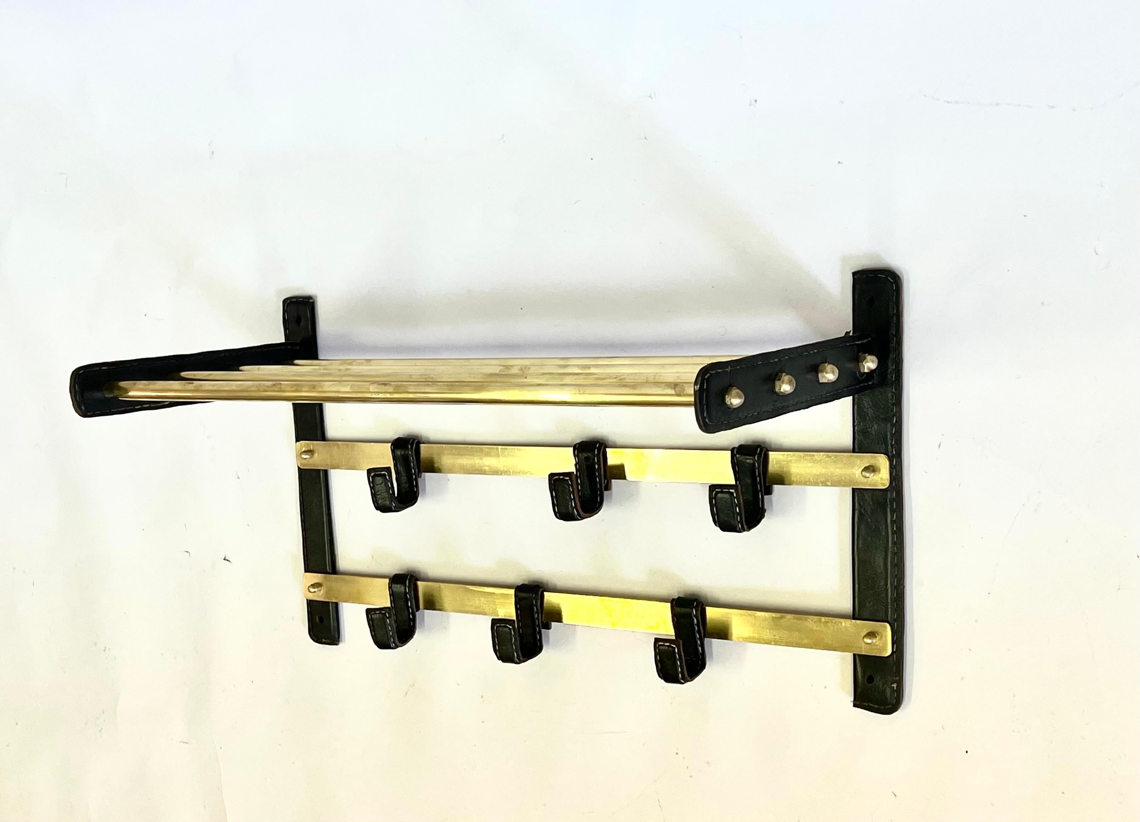 Mid-Century Modern French Hand Stitched Leather & Brass Coat and Hat Rack by Jacques Adnet, 1955  For Sale