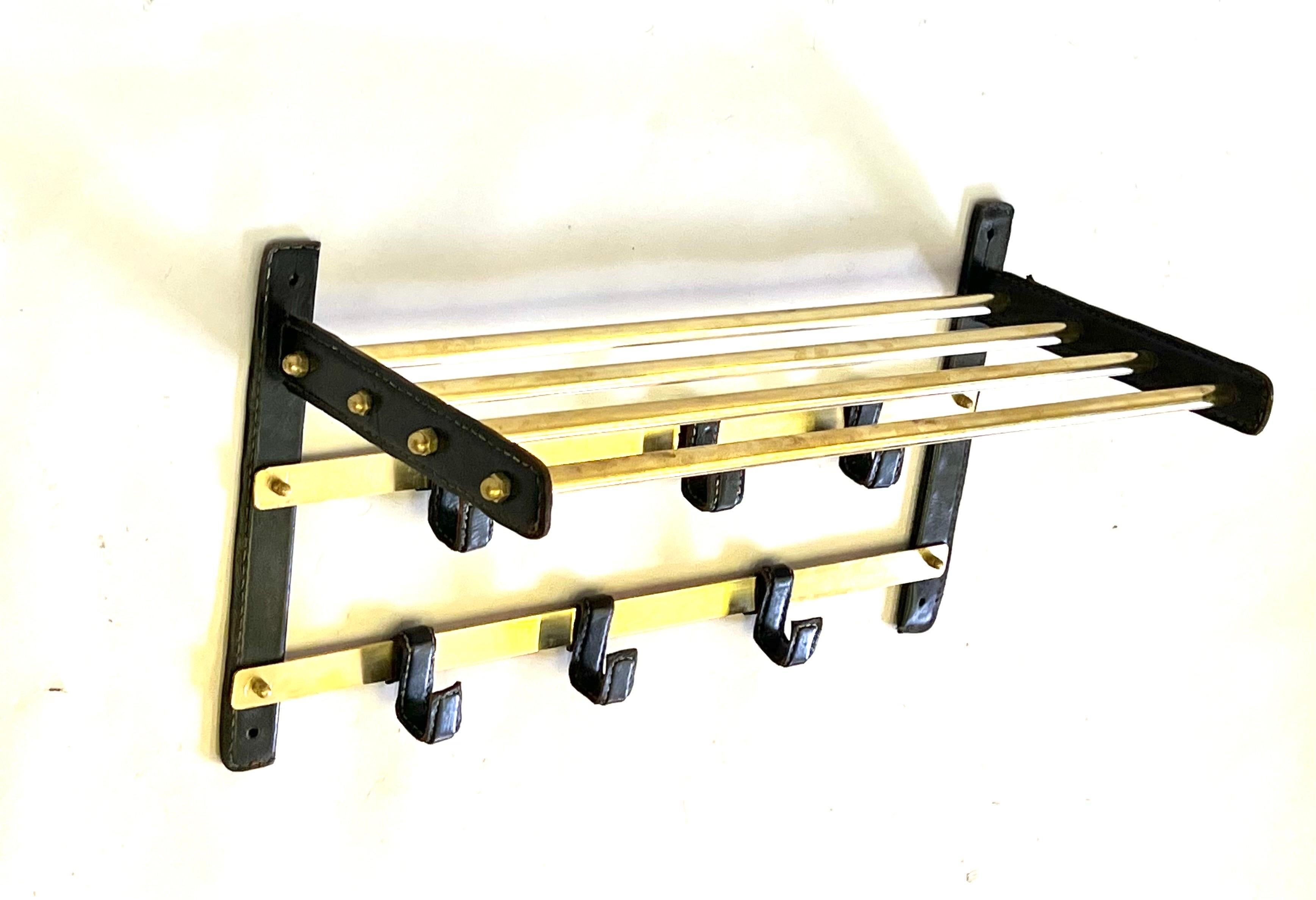 French Hand Stitched Leather & Brass Coat and Hat Rack by Jacques Adnet, 1955  For Sale 1