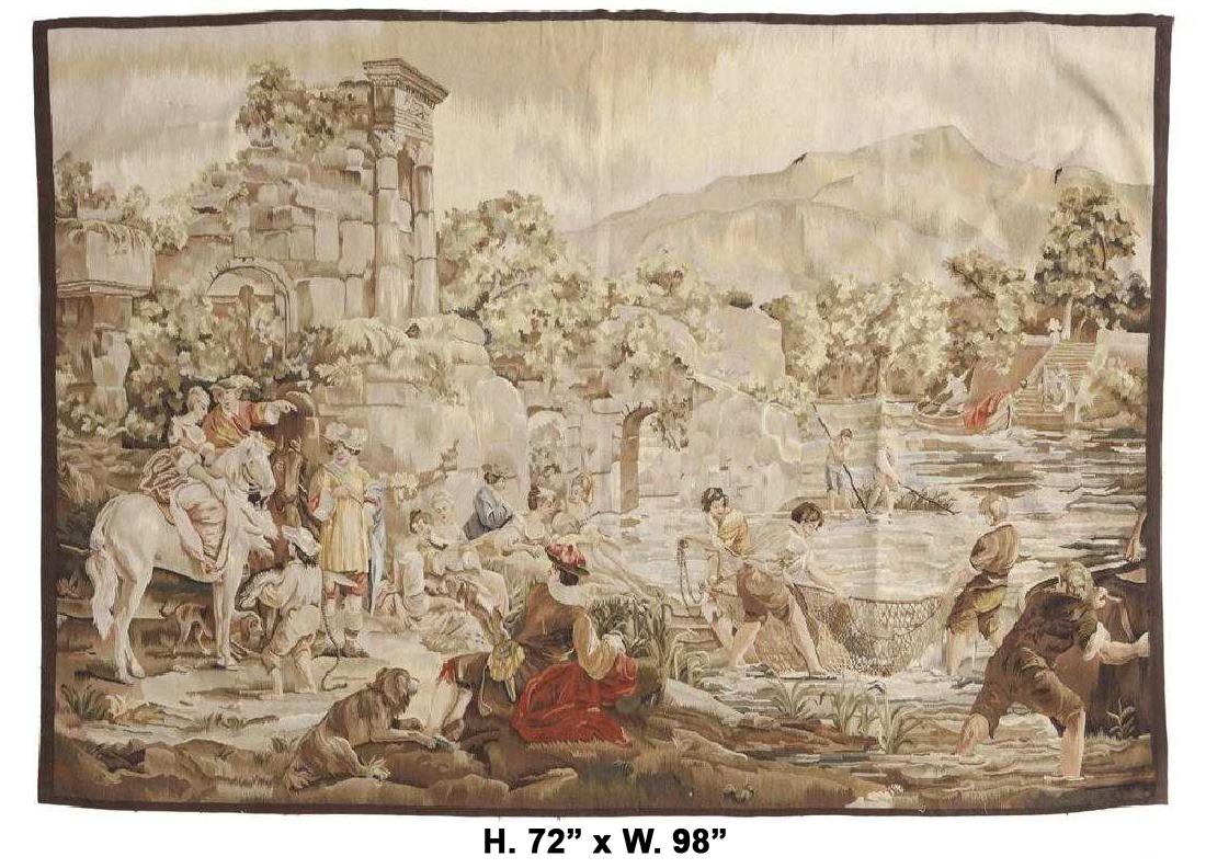 Fine French handwoven landscape tapestry depicting a landscape scene of a river near castle ruins with fisherman and French nobles surrounded by a multitude of trees and a large mountain landscape. 
Early 20th century.

The tapestry is in good