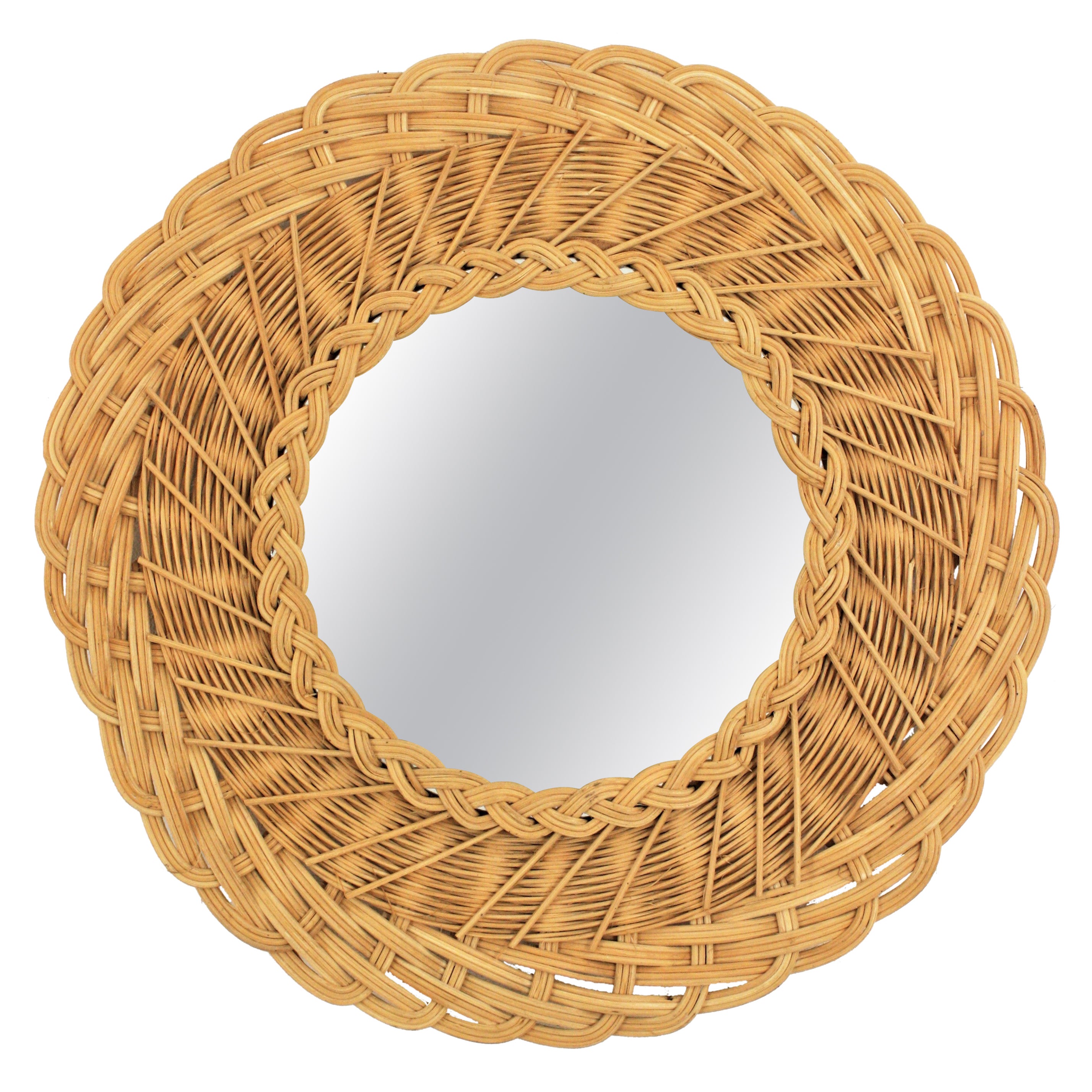 French Hand Woven Rattan Wicker Round Mirror, 1960s