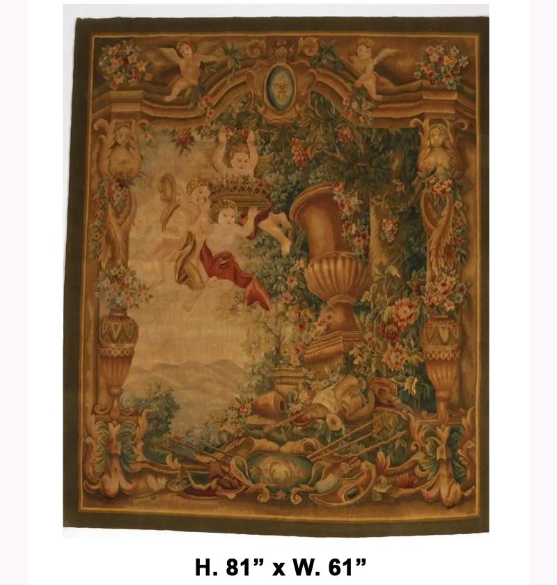 French Handwoven tapestry with cherubs.
Mid-20th century.

A beautiful tapestry depicting a lush fruiting floral garden with many playful cupids and putti near a large Neoclassical Campana-form urn and quivered arrows, within a whimsical