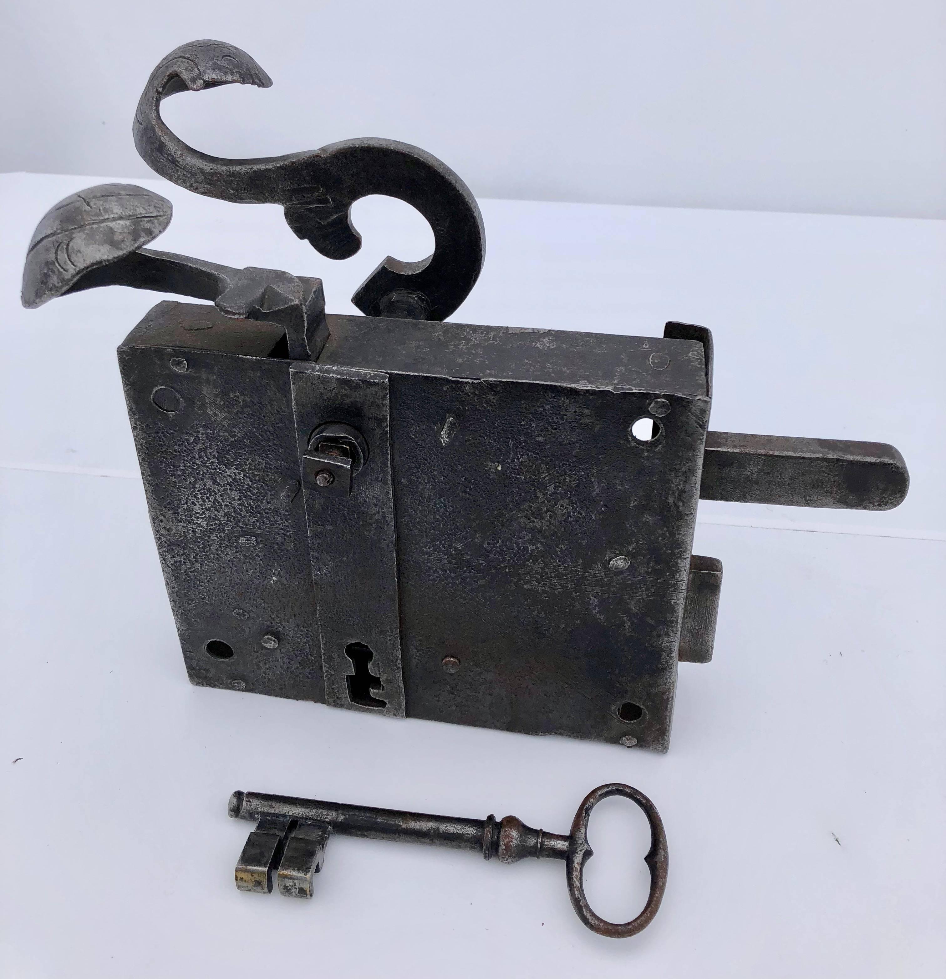 French Hand-Wrought Iron Deadbolt and Latch Lock with Forged Key, Louis XVI In Good Condition In Petaluma, CA