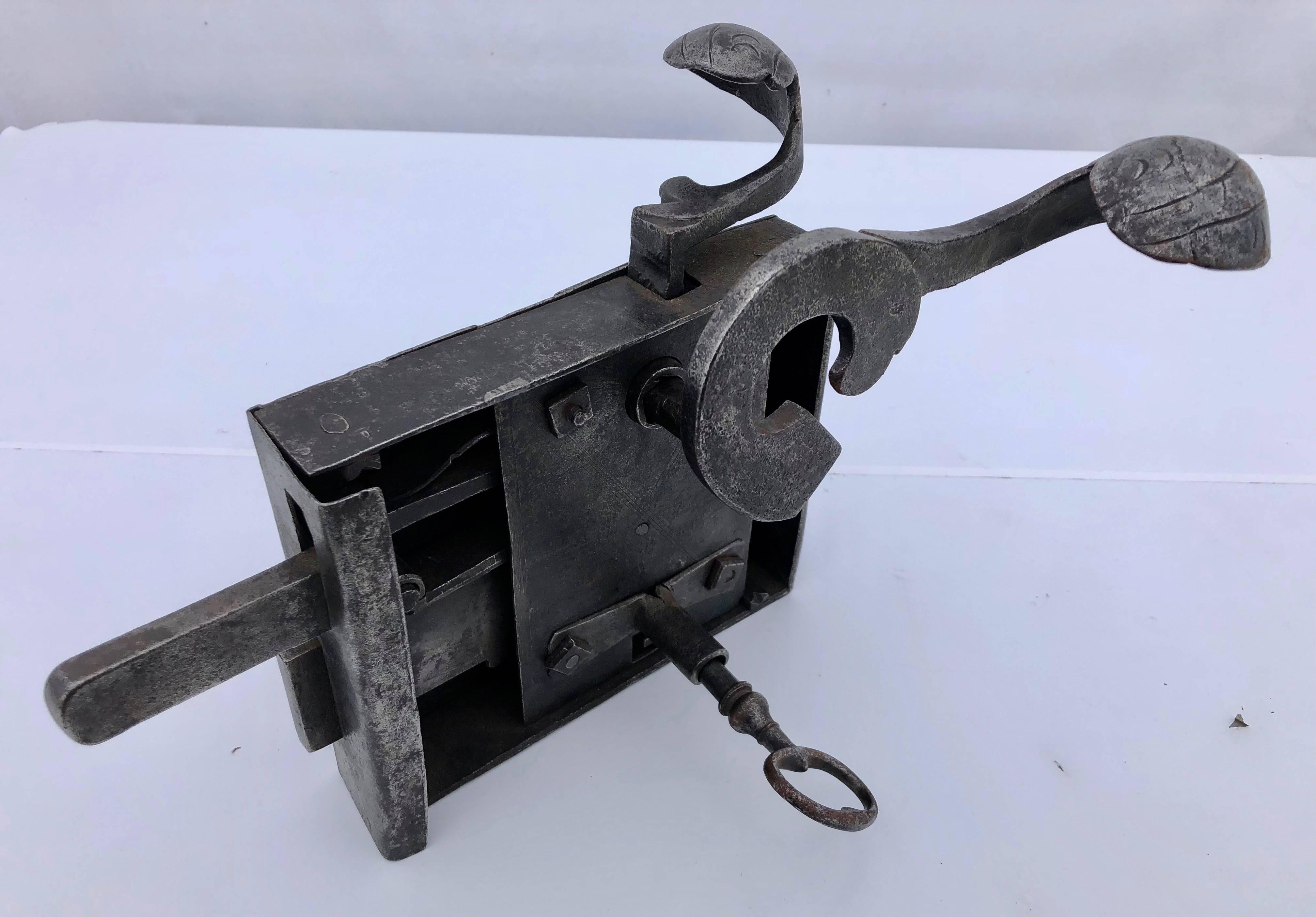 French Hand-Wrought Iron Deadbolt and Latch Lock with Forged Key, Louis XVI 1