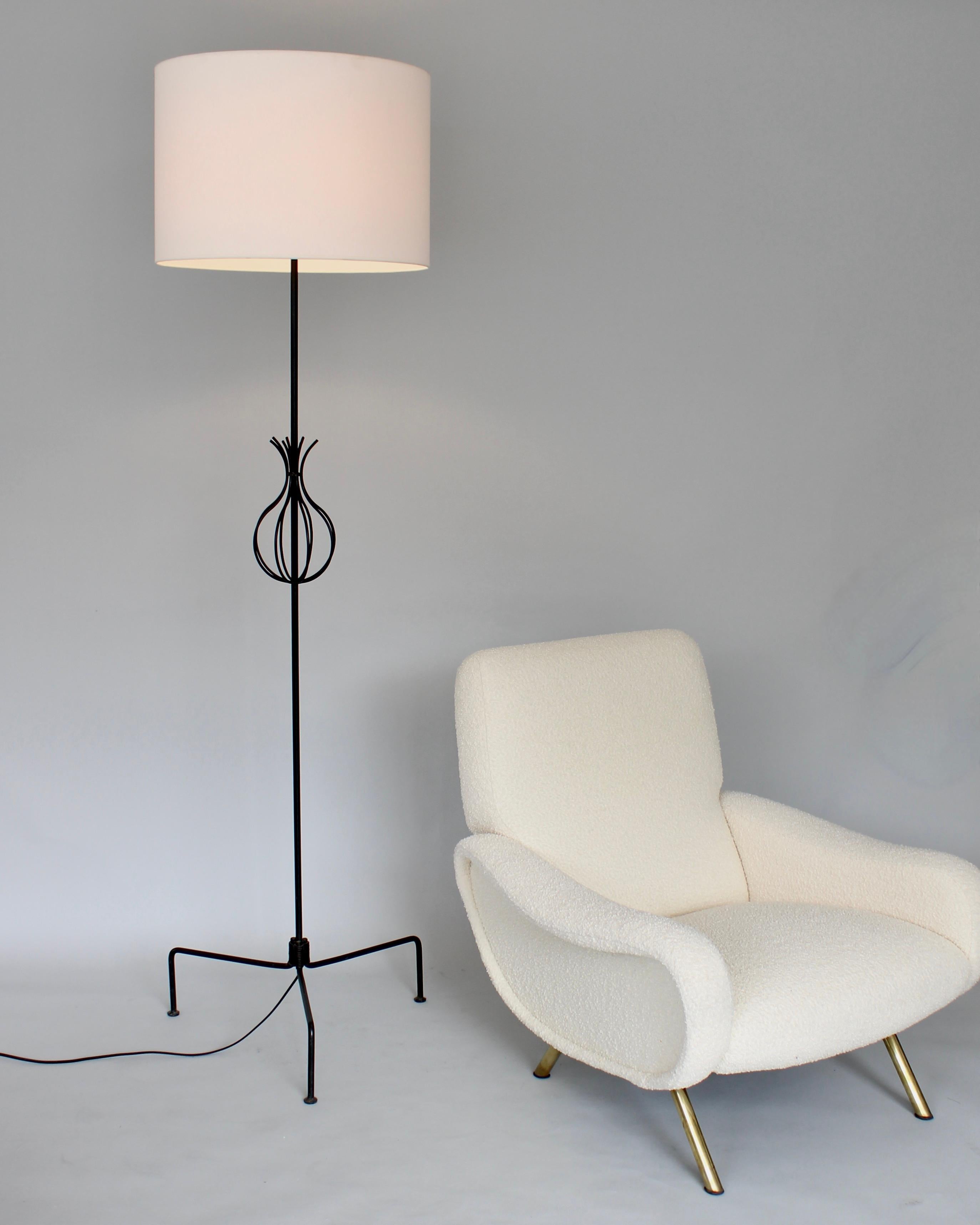 Mid-Century Modern French Hand Wrought Iron Floor Lamp by Attributed to Rene Jean Caillette For Sale