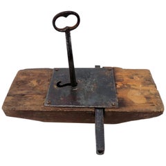 Antique French Hand-Wrought Iron Mortise Mount Lock on Wood with Forged Key, Louis XVI