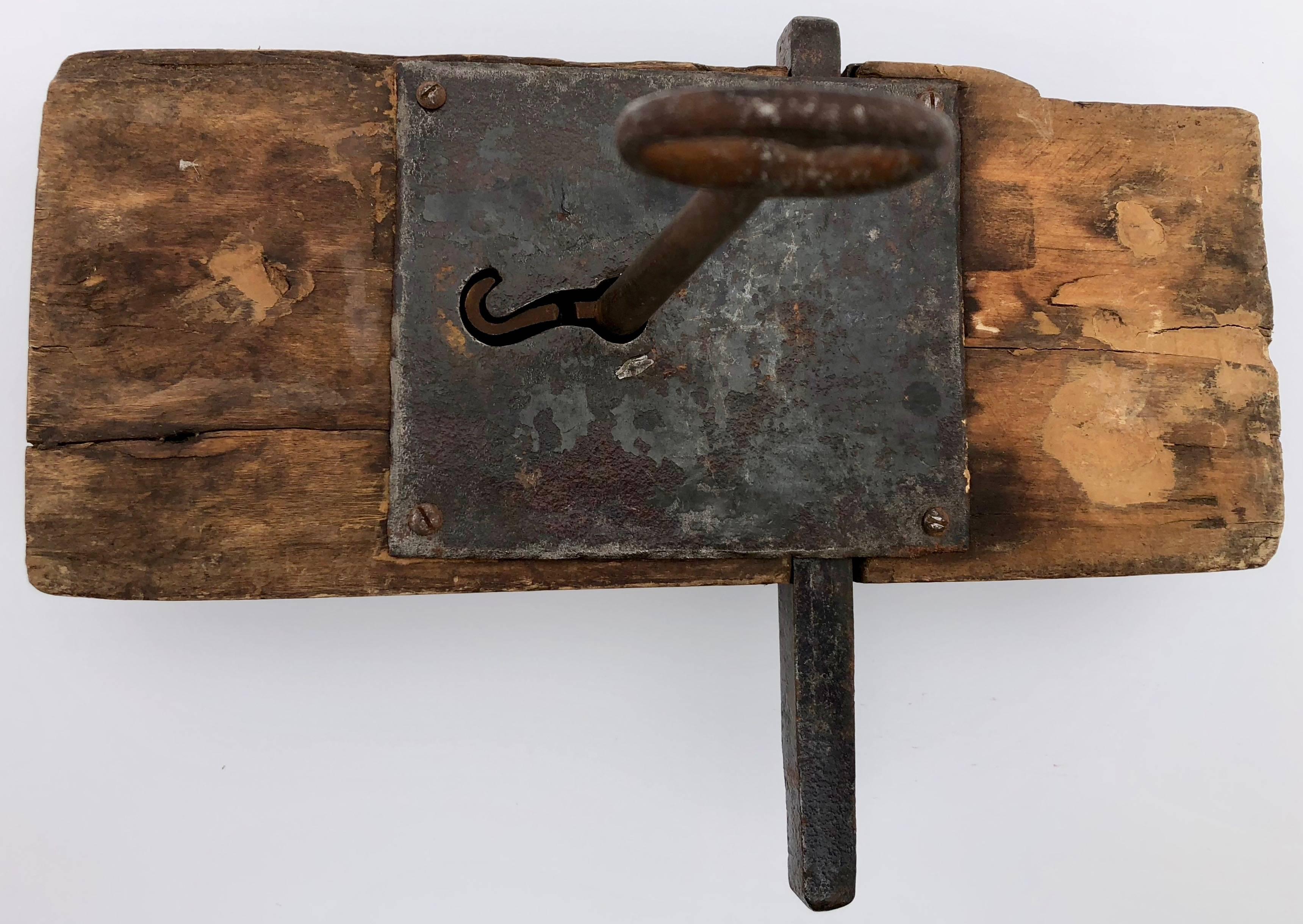 19th Century French Hand-Wrought Iron Mortise Mount Lock on Wood with Forged Key, Louis XVI