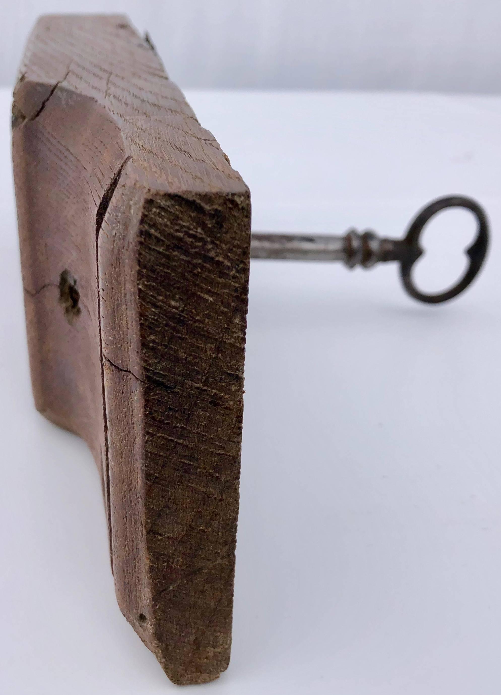 Louis XVI French Hand-Wrought Iron Mortise Mount Lock with Key on Wood Base, 1700s-1800s