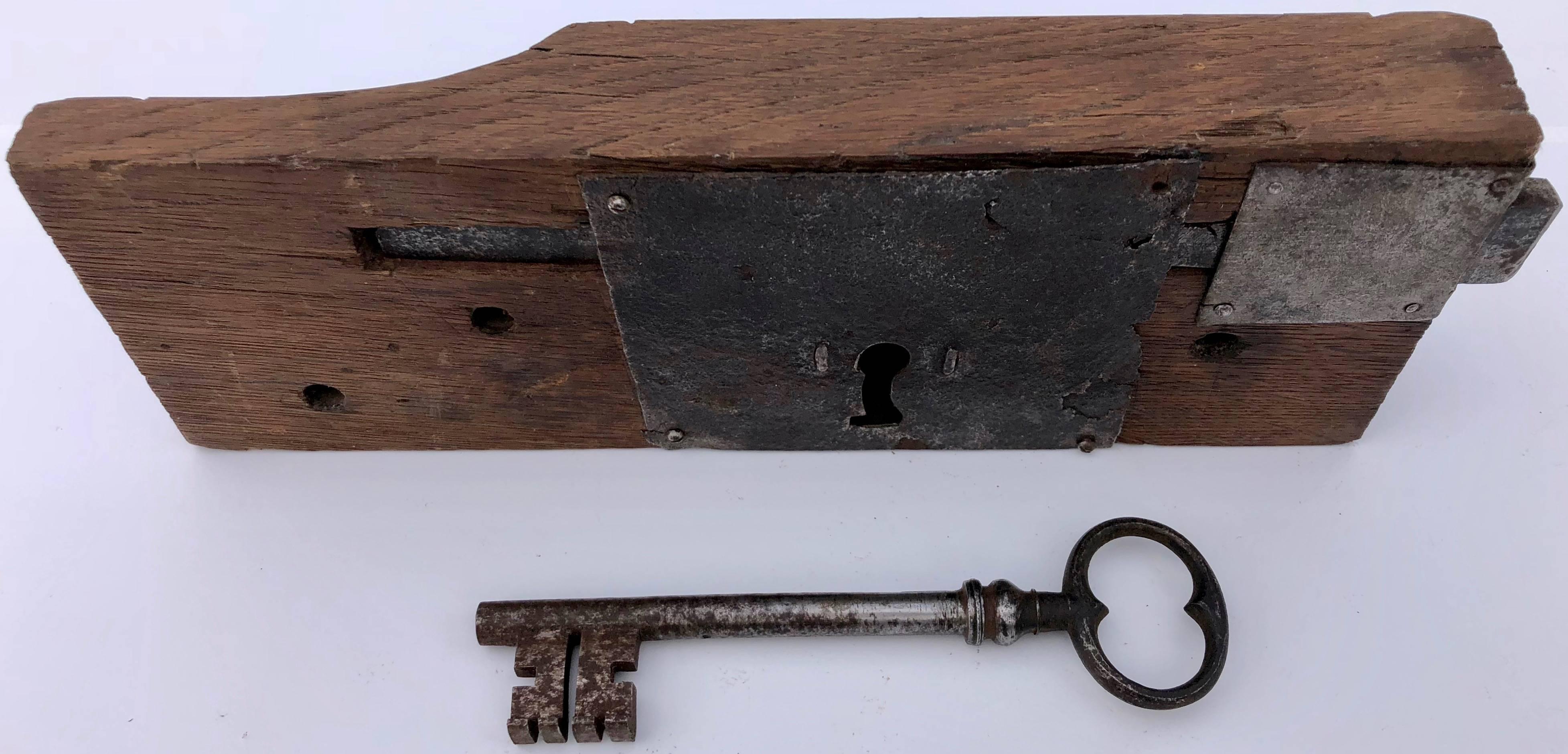Other French Hand-Wrought Iron Mortise Mount Lock with Key on Wood Base, 1700s-1800s