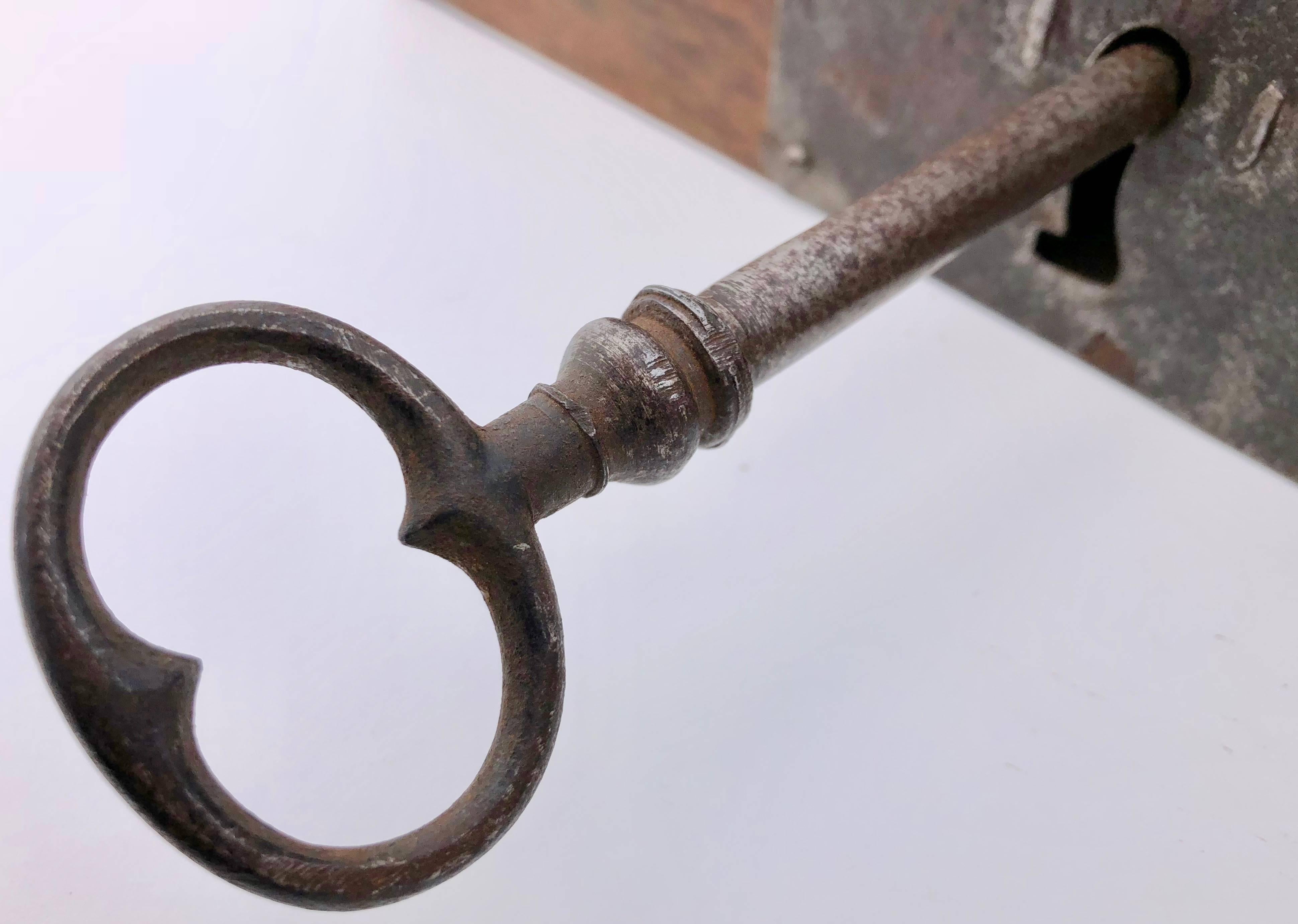 French Hand-Wrought Iron Mortise Mount Lock with Key on Wood Base, 1700s-1800s 1