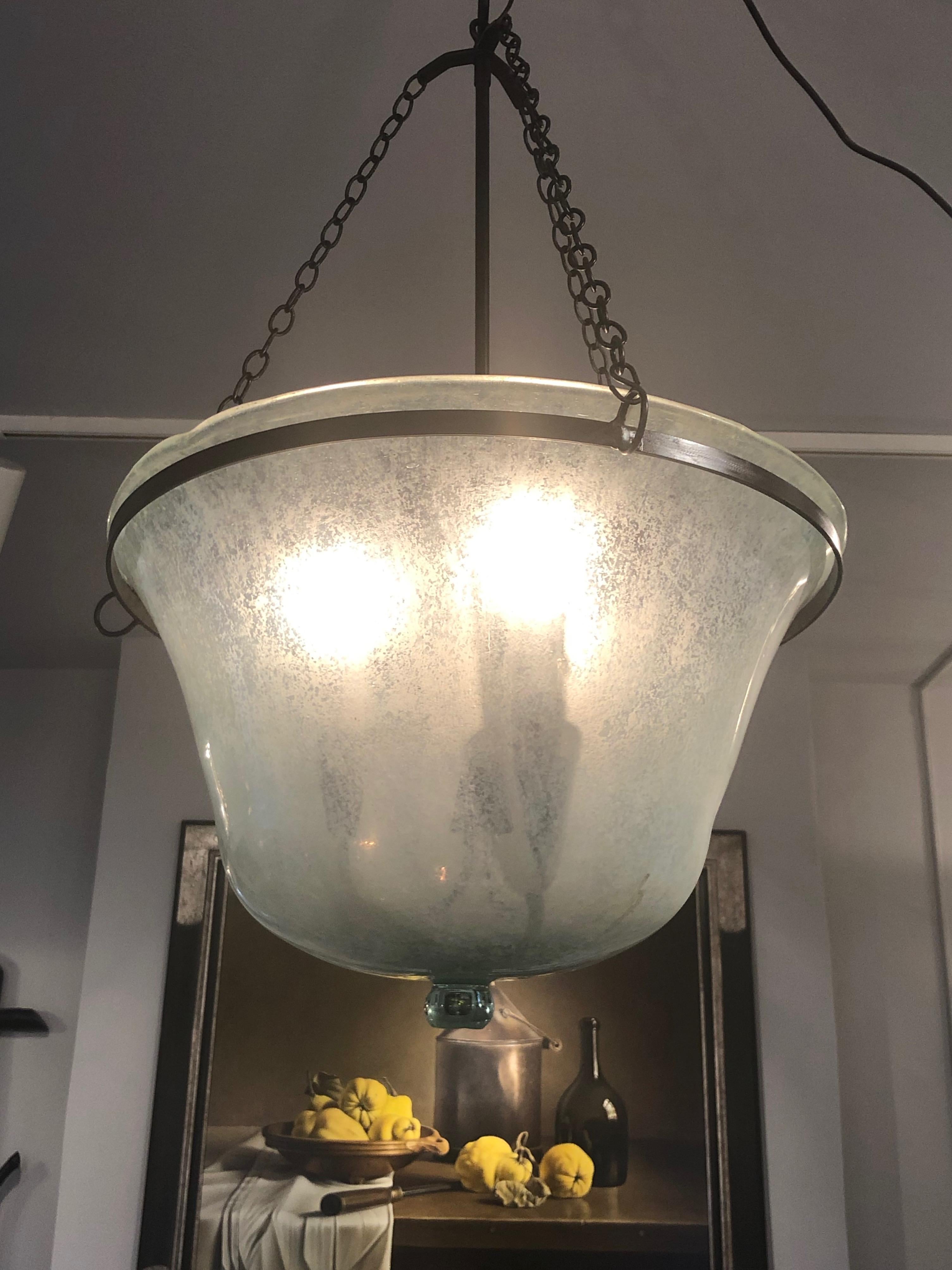 Blown Glass French Hand Blown 19th Century Melon Cloche Hanging Light