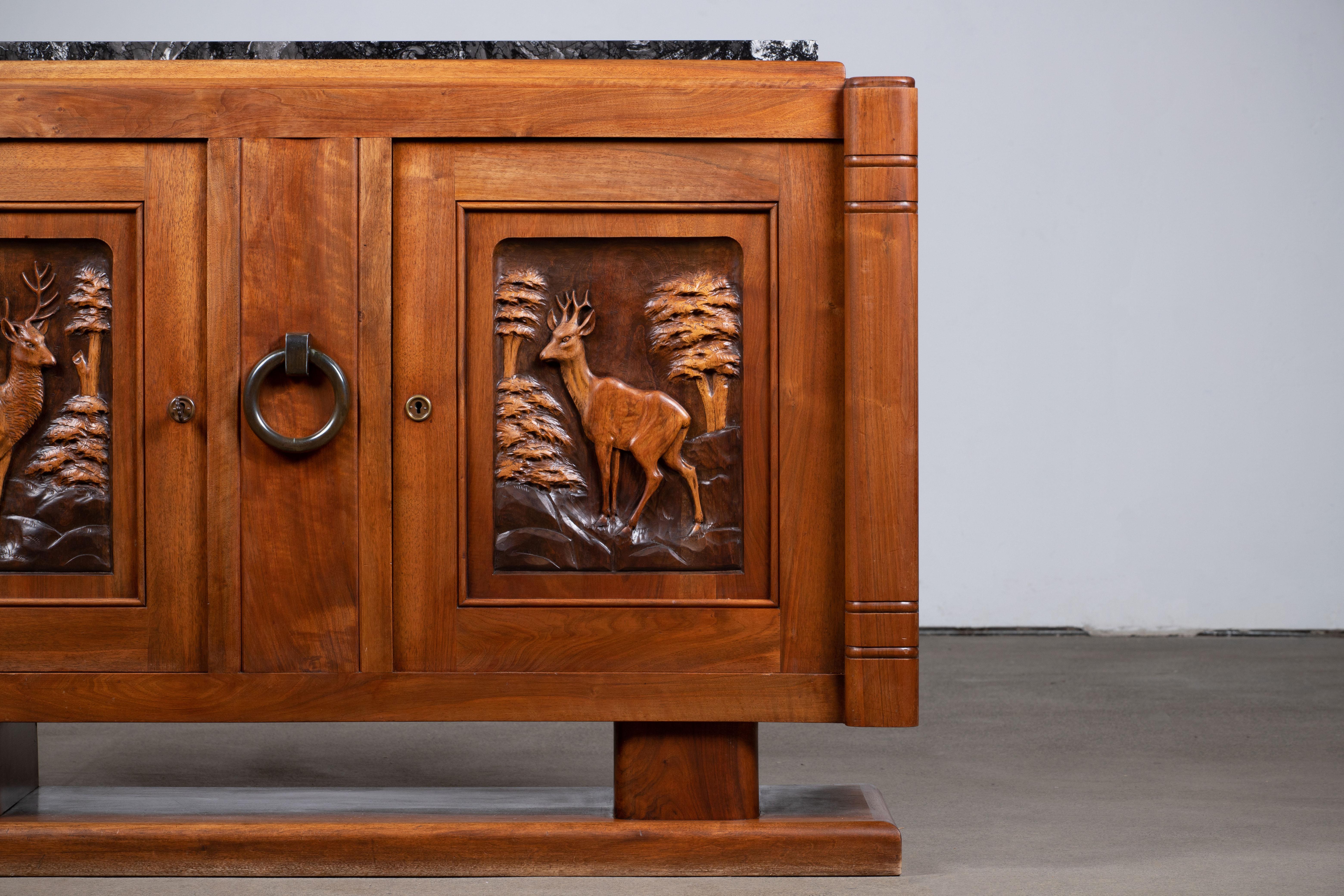 Mid-20th Century French Handcarved Oak Art Deco Sideboard, France, C1940s