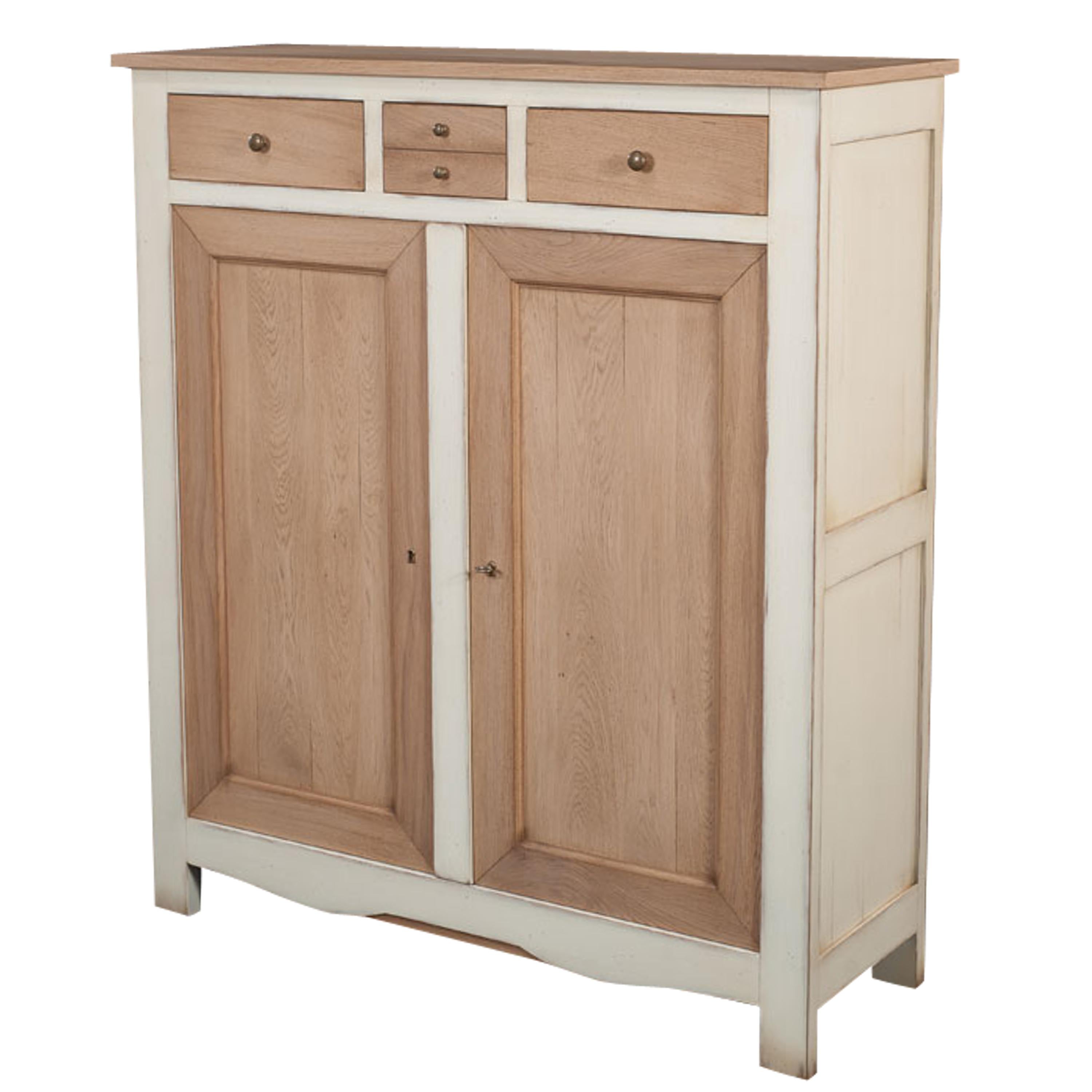 This Cabinet is a handcrafted typical French Countryside style. It is a 100% made in France with French solid oak.

This neat, white cream lacquered and chestnut stained cabinet features 3 drawers, 2 doors, a working lock and key and 3 oak inside