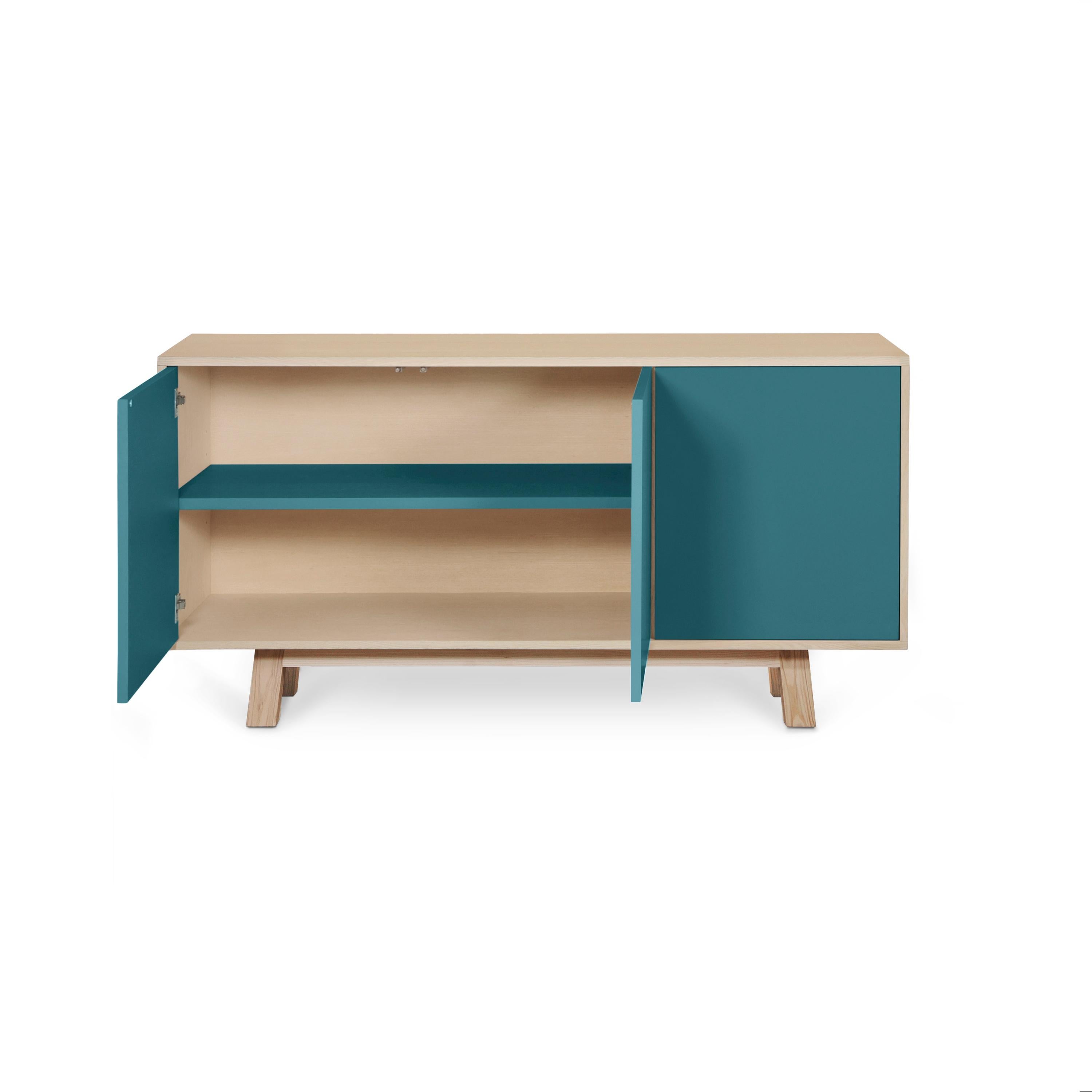 Buffet francese artigianale personalizzabile a 3 ante di colore blu mare, design Eric Gizard Paris In condizioni Nuovo in vendita a Landivy, FR