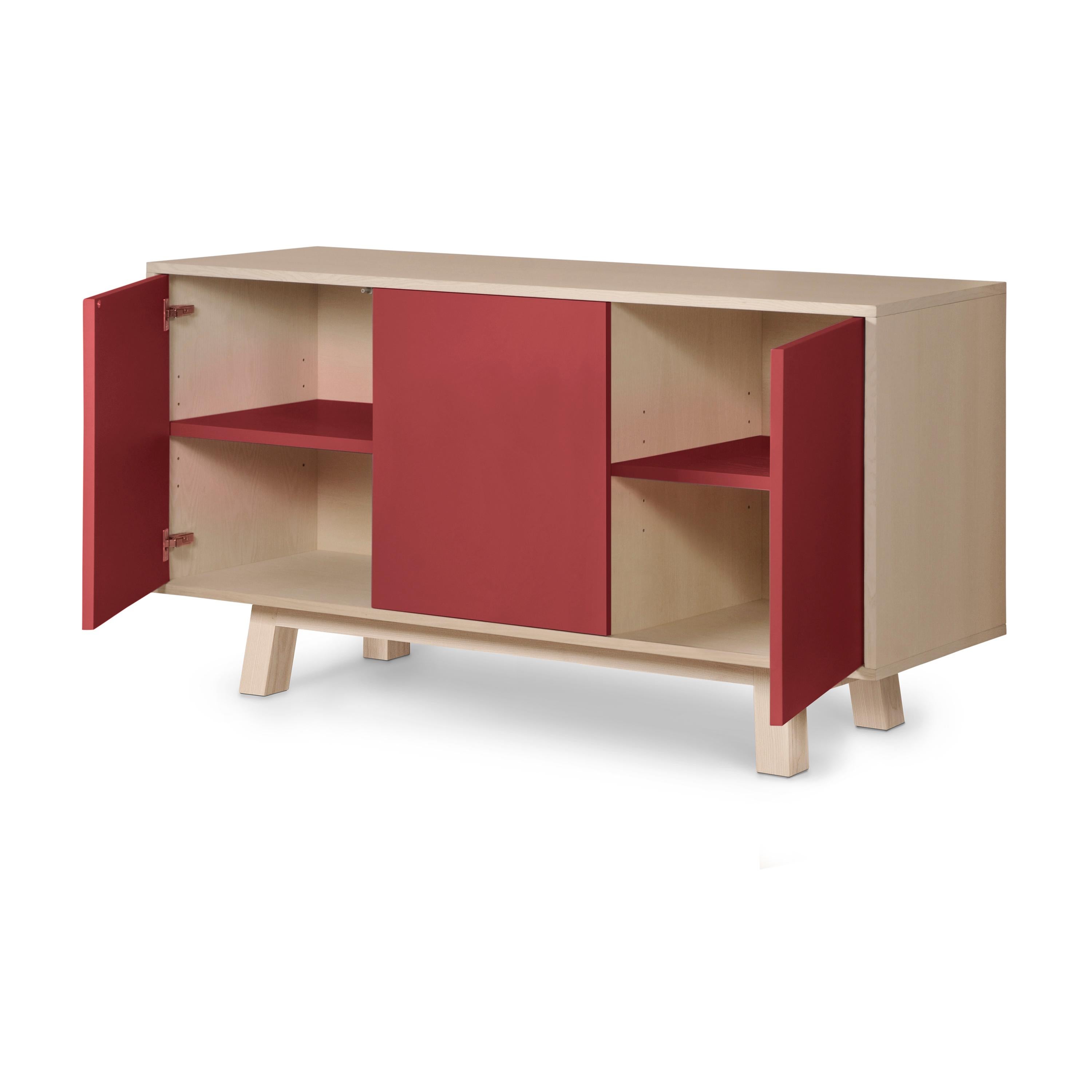Lacquered French handcrafted customizable red 3-door sideboard, by Eric Gizard Paris For Sale