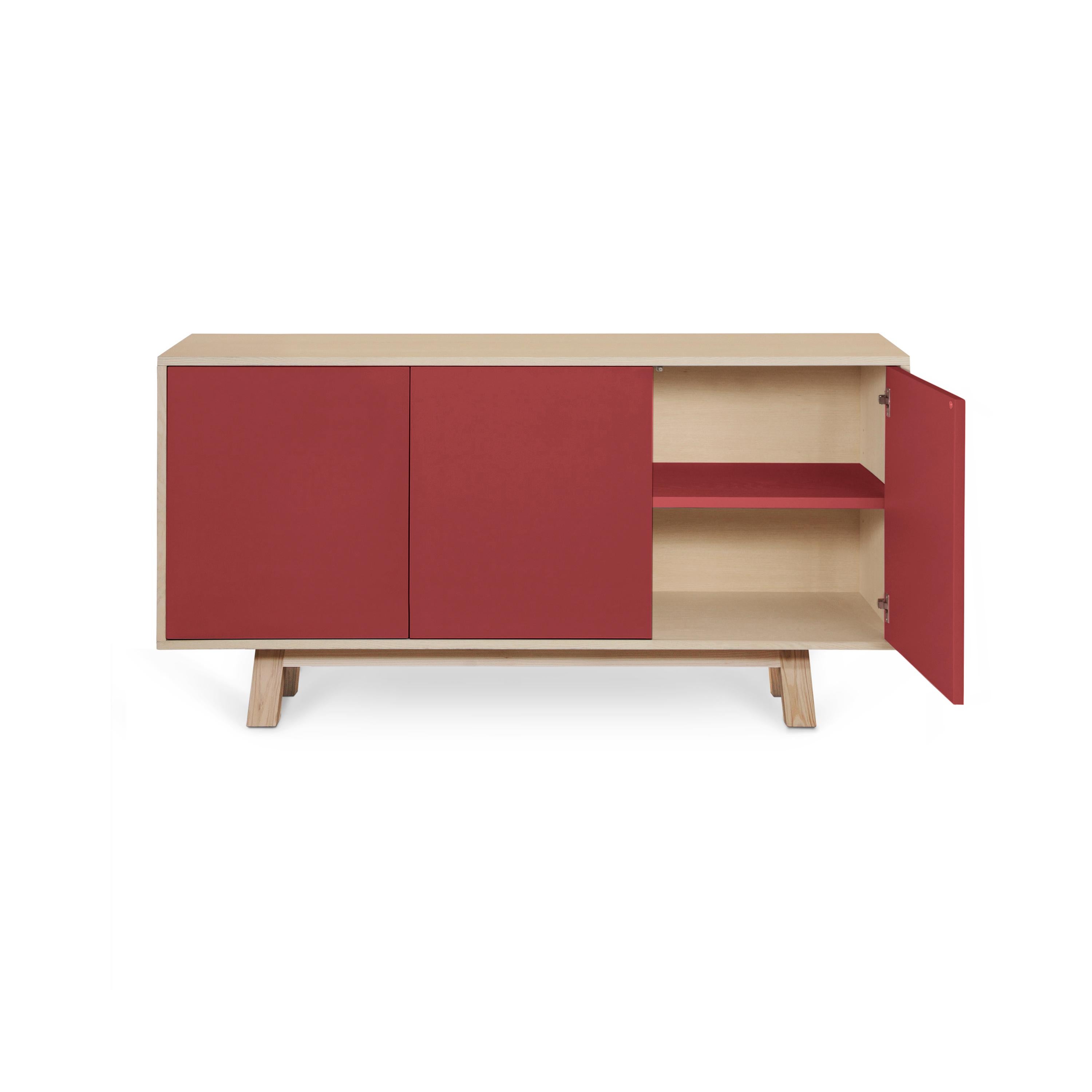 Wood French handcrafted customizable red 3-door sideboard, by Eric Gizard Paris For Sale