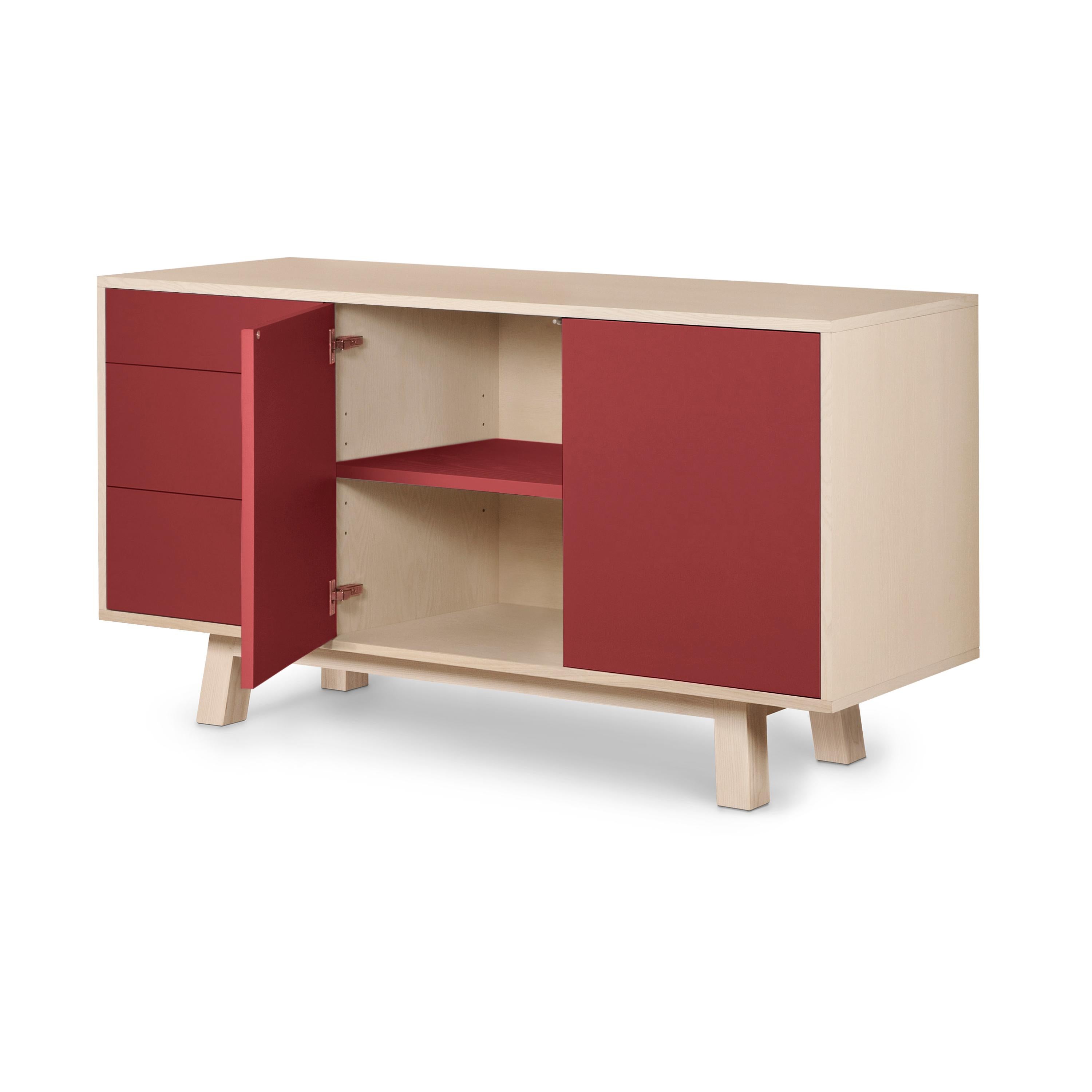 Scandinavian Modern French handcrafted red 2-door 3-drawer low wooden sideboard KUBE by Eric Gizard For Sale