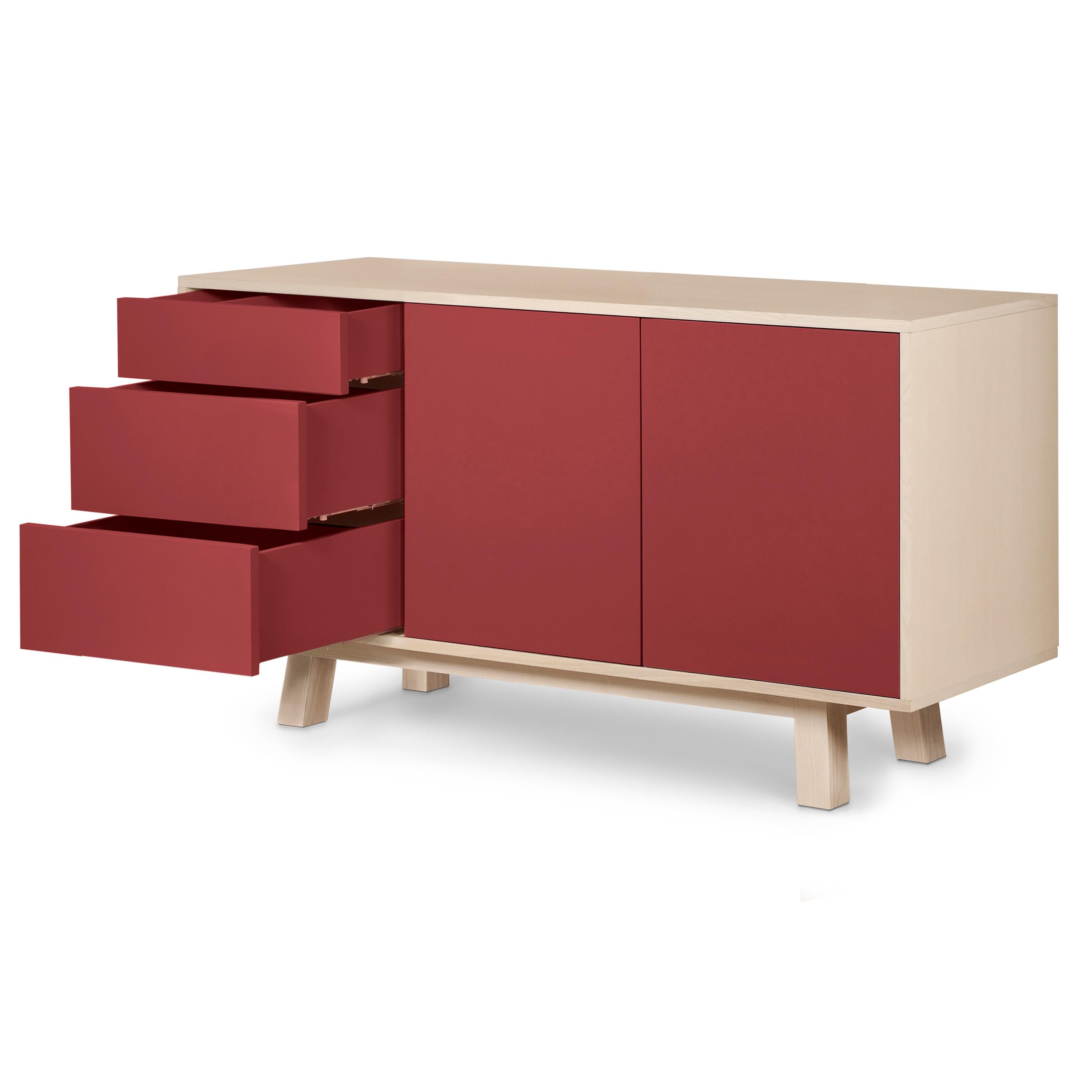 French handcrafted red 2-door 3-drawer low wooden sideboard KUBE by Eric Gizard In New Condition For Sale In Landivy, FR