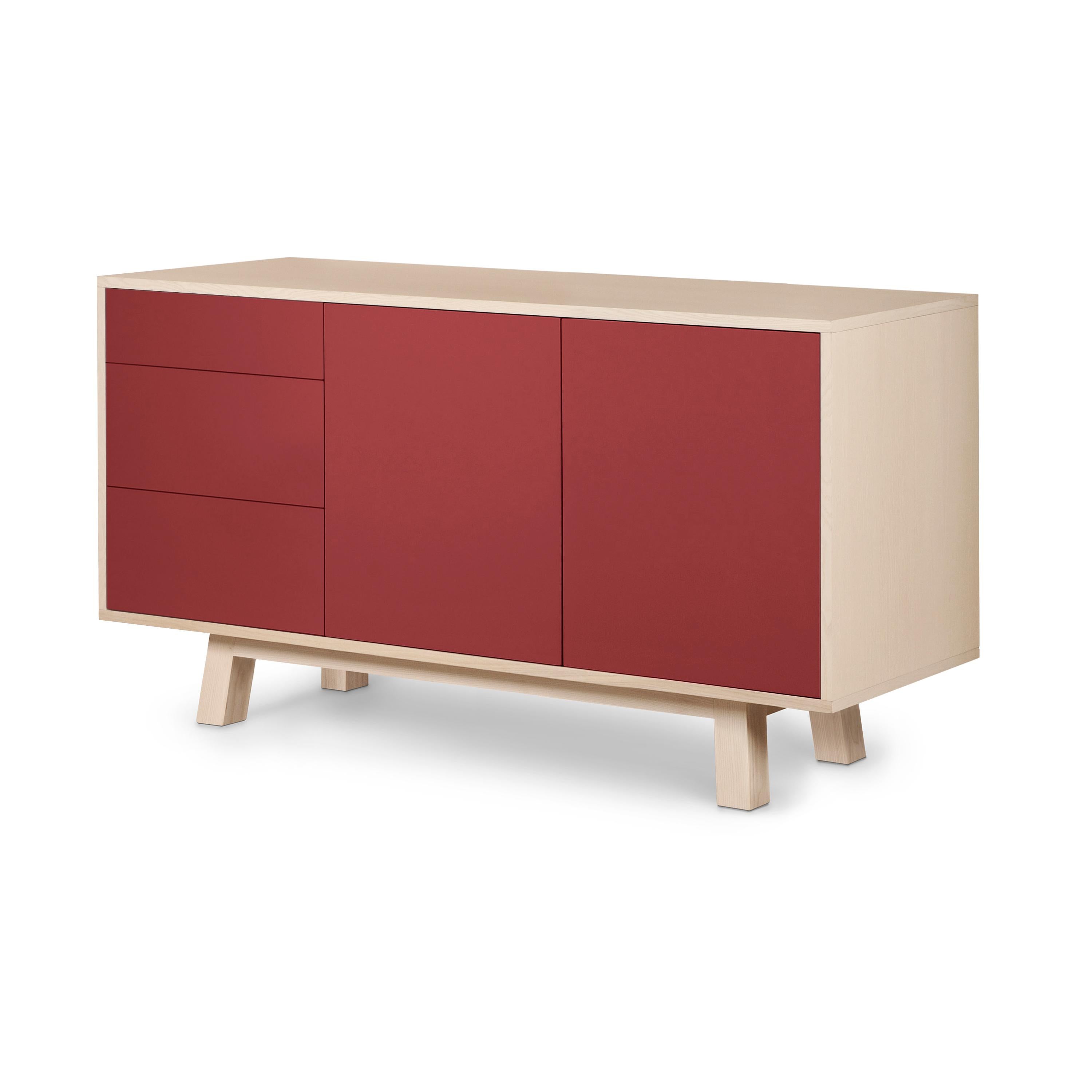 Contemporary French handcrafted red 2-door 3-drawer low wooden sideboard KUBE by Eric Gizard For Sale