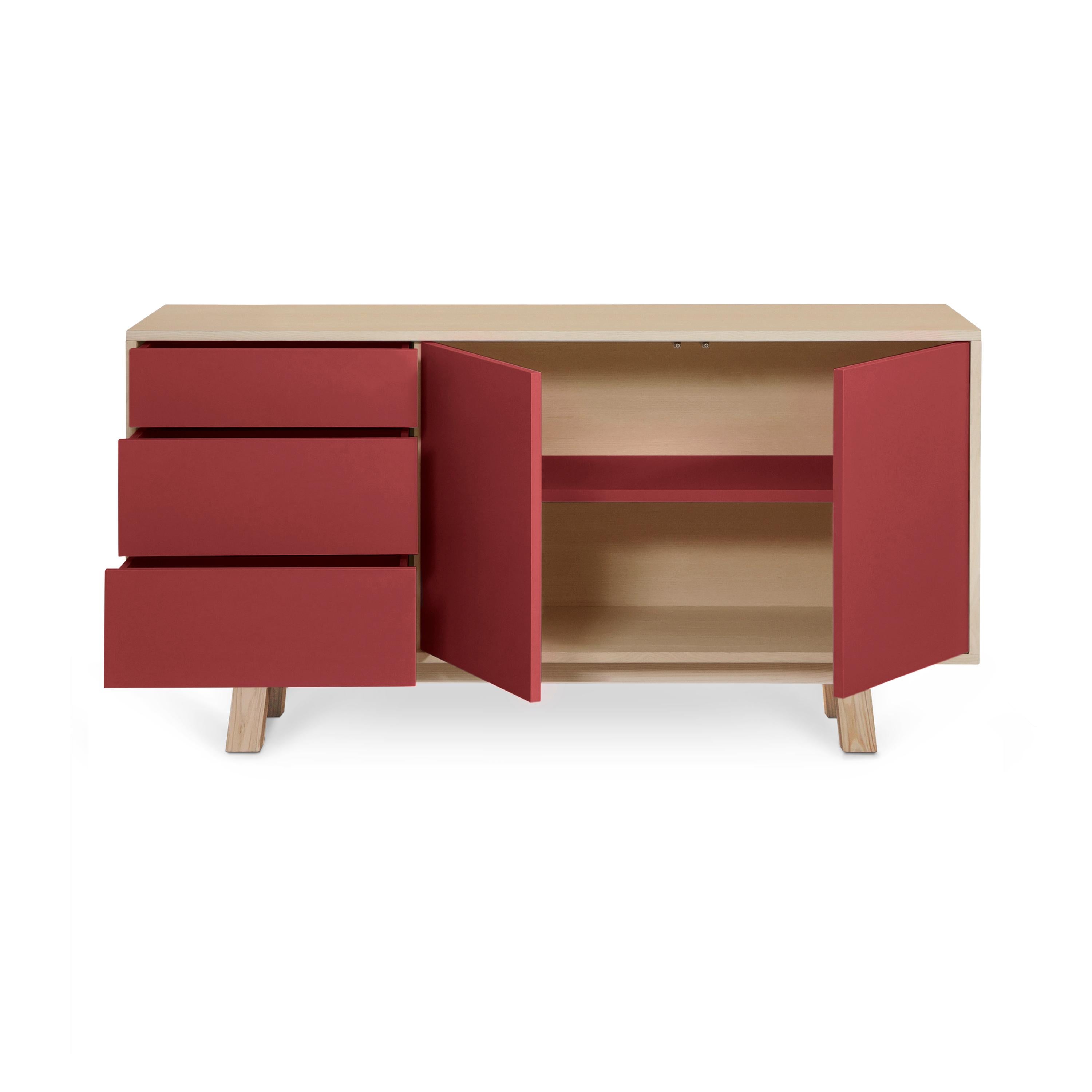 Wood French handcrafted red 2-door 3-drawer low wooden sideboard KUBE by Eric Gizard For Sale